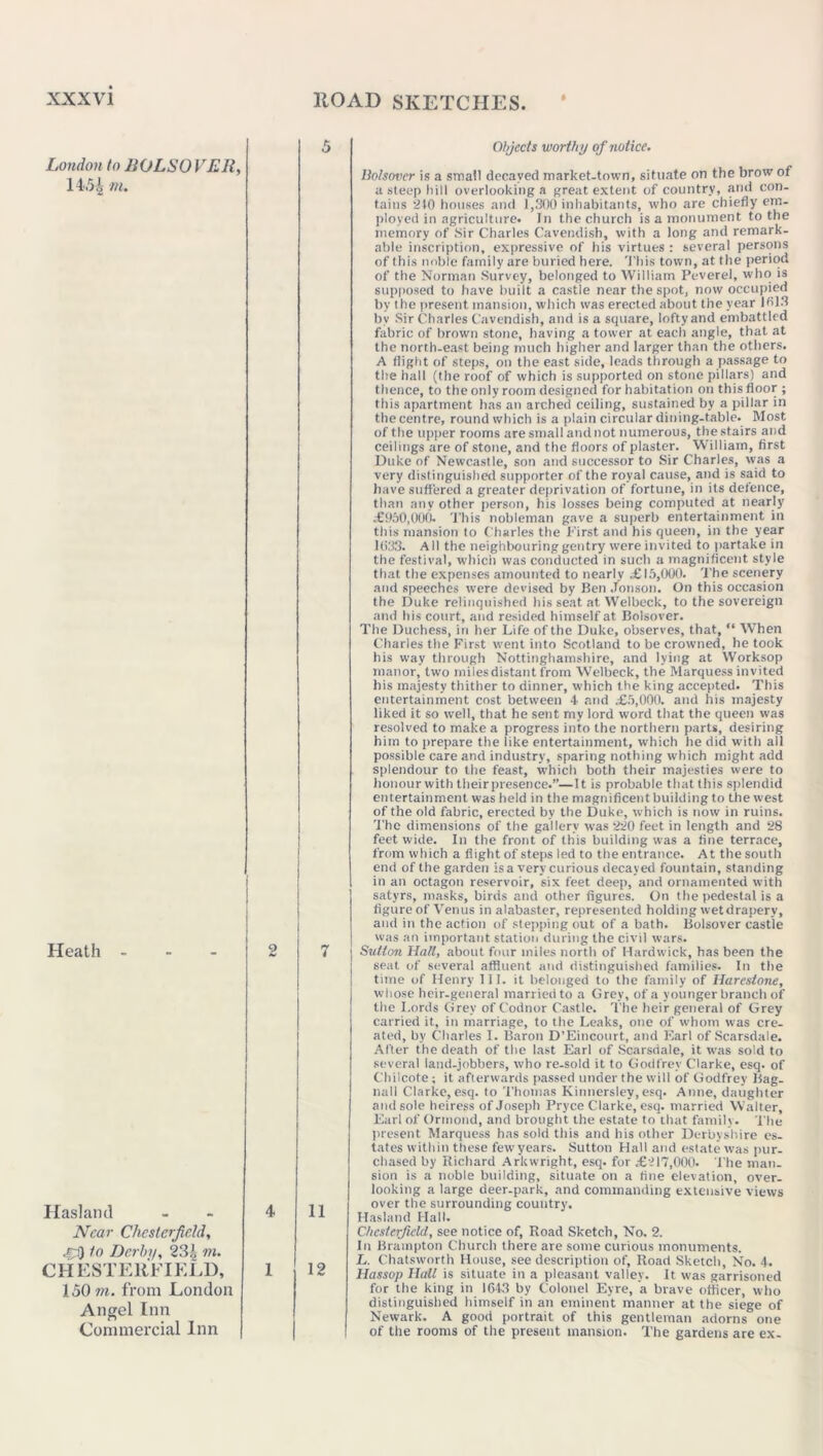 London to BOLSOVER, 14.54 nu Heath 2 Hasland - 4 Near Chesterfield, 4^) to Dcrbi/, 23h m. CHESTERFIELD, 1 150 ?)i. from London Angel Inn Commercial Inn 5 11 12 Objects worthy of notice. Bolsover is a smail decayed market-town, situate on the brow of a steep hill overlooking a great extent of country, and con- tains 240 houses and 1,300 inhabitants, who are chiefly em- ployed in agriculture. In the church is a monument to the memory of Sir Charles Cavendish, with a long and remark- able inscription, expressive of his virtues : several persons of this noble family are buried here. This town, at the period of the Norman Survey, belonged to William Peverel, who is supposed to have built a castle near the spot, now occupied by the present mansion, which was erected about the year 1613 by Sir Charles Cavendish, and is a square, lofty and embattled fabric of brown stone, having a tower at each angle, that at the north-east being much higher and larger than the others. A flight of steps, on the east side, leads through a passage to the hall (the roof of which is supported on stone pillars) and thence, to the only room designed for habitation on this floor ; this apartment has an arched ceiling, sustained by a pillar in the centre, round which is a plain circular dining-table. Most of the upper rooms are small and not numerous, the stairs and ceilings are of stone, and the floors of plaster. William, first Duke of Newcastle, son and successor to Sir Charles, was a very distinguished supporter of the royal cause, and is said to have suffered a greater deprivation of fortune, in its defence, than any other person, his losses being computed at nearly £950,000. This nobleman gave a superb entertainment in this mansion to Charles the First and his queen, in the year 1633. All the neighbouringgentry were invited to partake in the festival, which was conducted in such a magnificent style that the expenses amounted to nearly £15,000. The scenery and speeches were devised by Ben .Tonson. On this occasion the Duke relinquished his seat at Welbeck, to the sovereign and his court, and resided himself at Bolsover. The Duchess, in her Life of the Duke, observes, that, “ When Charles the First went into Scotland to be crowned, he took his way through Nottinghamshire, and lying at Worksop manor, two miles distant from Welbeck, the Marquess invited his majesty thither to dinner, which the king accepted. This entertainment cost between 4 and £5,000. and his majesty liked it so well, that he sent my lord word that the queen was resolved to make a progress into the northern parts, desiring him to prepare the like entertainment, which he did with all possible care and industry, sparing nothing which might add splendour to the feast, which both their majesties were to honour with their presence.”—It is probable that this splendid entertainment was held in the magnificent building to the west of the old fabric, erected by the Duke, which is now in ruins. The dimensions of the gallery was 220 feet in length and 28 feet wide. In the front of this building was a fine terrace, from which a flight of steps led to the entrance. At the south end of the garden is a very curious decayed fountain, standing in an octagon reservoir, six feet deep, and ornamented with satyrs, masks, birds and other figures. On the pedestal is a figure of Venus in alabaster, represented holding wetdrapery, and in the action of stepping out of a bath. Bolsover castle was an important station during the civil wars. Sutton Halt, about four miles north of Hardwick, has been the seat of several affluent and distinguished families. In the time of Henry III. it belonged to the family of Harcstone, whose heir-general married to a Grey, of a younger branch of the Lords Grey of Codnor Castle. The heir general of Grey carried it, in marriage, to the Leaks, one of whom was cre- ated, by Charles I. Baron D’Eincourt, and Earl of Scarsdale. After the death of the last Earl of Scarsdale, it was sold to several land-jobbers, who re-sold it to Godfrey Clarke, esq. of Chilcote ; it afterwards passed under the will of Godfrey Bag- nall Clarke, esq. to Thomas Kinnersley, esq. Anne, daughter and sole heiress of Joseph Pryce Clarke, esq. married Walter, Earl of Ormond, and brought the estate to that family. The present Marquess has sold this and his other Derbyshire es- tates within these fewyears. Sutton Hall and estate was pur- chased by Richard Arkwright, esq. for £217,000. The man- sion is a noble building, situate on a fine elevation, over- looking a large deer-park, and commanding extensive views over the surrounding country. Hasland Hall. Chesterfield, see notice of, Road Sketch, No. 2. In Brampton Church there are some curious monuments. L. Chatsworth House, see description of. Road Sketch, No. 4. Hassop Hall is situate in a pleasant valley. It was garrisoned for the king in 1643 by Colonel Eyre, a brave officer, who distinguished himself in an eminent manner at the siege of Newark. A good portrait of this gentleman adorns one of the rooms of the present mansion. The gardens are ex-