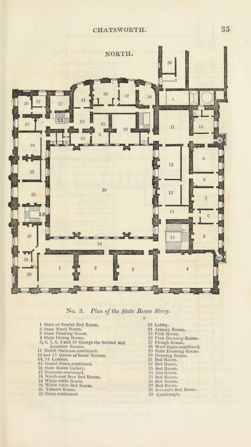 No. 3. Plan of the State Room Story. 1 State or Scarlet Bed Room. 2 State Music Room. 3 State Drawing Room. 4 State Dining Boom. 5, 6, , 8, 9 and 10 George the Second and Leicester Rooms. 11 North Staircase continued. 12 and 13 Queen of Scots’ Rooms. 14, 14 Lobbies. 15 Grand Stairs continued. 16 State Room Gallery. 17 Staircase continued. 18 North-east Bow Bed Room.' 19 White Satin Room. 20 White Satin Bed Room. 21 Tabaret Room. 22 Stairs continued. 23 Lobby. 24 Armory Room. 25 Pink Room. 26 Pink Dressing Room. 27 Plough Room. 28 West Stairs continued. 29 State Dressing Room. 30 Dressing Room. 31 Bed Room. 52 Bed Room. 53 Bed Room. 54 Bed Room. 55 Bed Room. 56 Bed Room. 37 Bed Room. 38 Servant’s Bed Room. 59 Quadrangle.