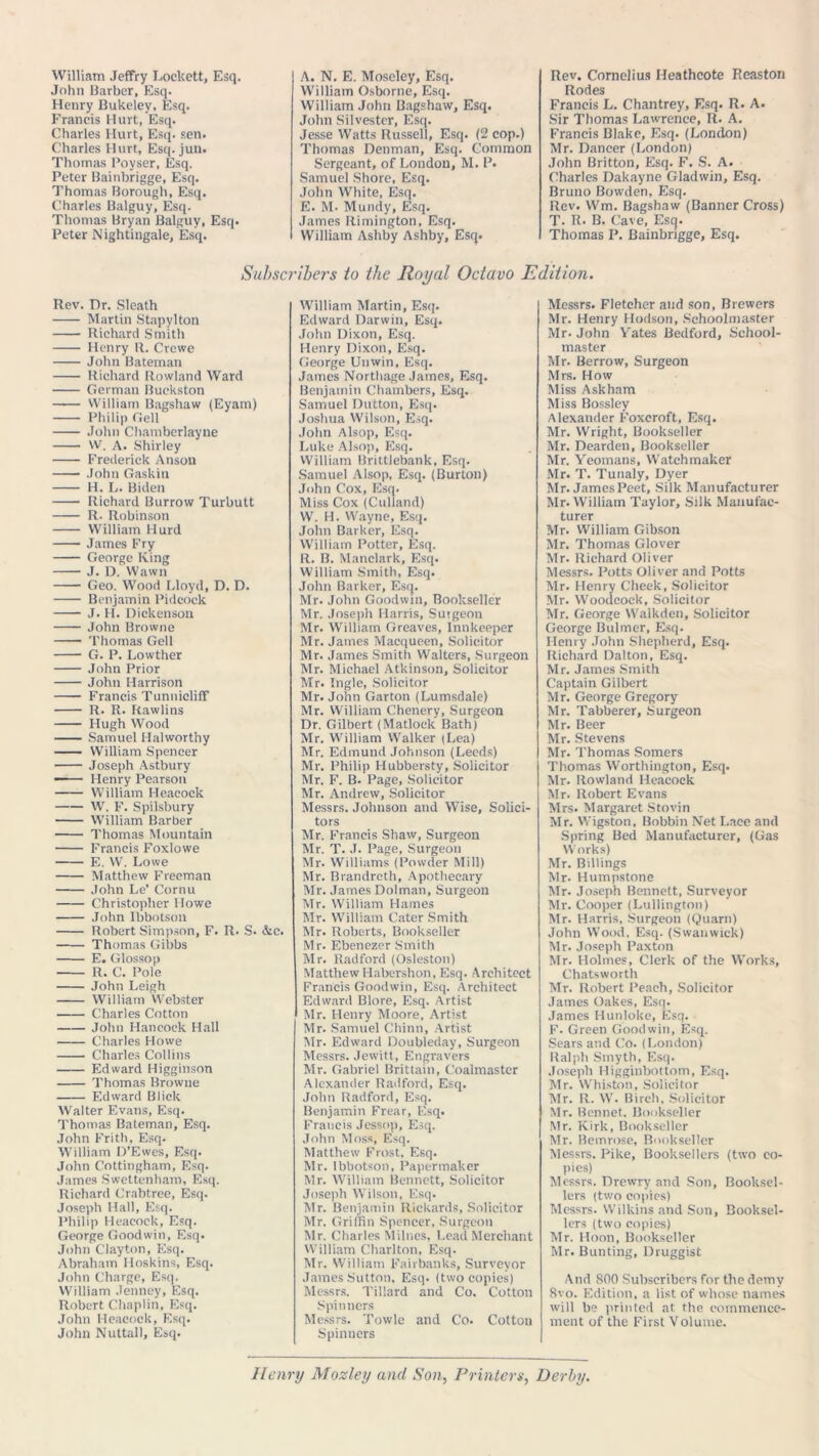 William Jeffry Lockett, Esq. John Barber, Esq. Henry Bukeley, Esq. Francis Hurt, Esq. Charles Hurt, Esq. sen. Charles Hurt, Esq. jun. Thomas Poyser, Esq. Peter Bainbrigge, Esq. Thomas Borough, Esq. Charles Balguy, Esq. Thomas Bryan Balguy, Esq. Peter Nightingale, Esq. A. N. E. Moseley, Esq. William Osborne, Esq. William John Bagshaw, Esq. John Silvester, Esq. Jesse Watts Russell, Esq. (2 cop.) Thomas Denman, Esq. Common Sergeant, of London, M. P. Samuel Shore, Esq. John White, Esq. E. M. Mundy, Esq. James Rimington, Esq. William Ashby Ashby, Esq. Rev. Cornelius Heathcote Reaston Rodes Francis L. Chantrey, Esq. R. A. Sir Thomas Lawrence, R. A. Francis Blake, Esq. (London) Mr. Dancer (London) John Britton, Esq. F. S. A. Charles Dakayne Gladwin, Esq. Bruno Bowden, Esq. Rev. Wm. Bagshaw (Banner Cross) T- R. B. Cave, Esq. Thomas P. Bainbrigge, Esq. Subscribers to the Royal Octavo Edition. Rev. Dr. Sleath Martin Stapylton Richard Smith Henry R. Crewe John Bateman Richard Rowland Ward German Buekston William Bagshaw (Eyam) Philip Gell John Chamberlayne VV. A. Shirley Frederick Anson John Gaskin H. L. Biden Richard Burrow Turbutt R. Robinson William Hurd James Fry George King J. D. Wawn Geo. Wood Lloyd, D. D. Benjamin Pidcock J. H. Dickenson John Browne Thomas Gell G. P. Lowther John Prior John Harrison Francis Tunnicliff R. R. Rawlins Hugh Wood Samuel Halworthy William Spencer Joseph Astbury —— Henry Pearson William Heacock W. F. Spilsbury William Barber Thomas Mountain Francis Foxlowe E. W. Lowe Matthew Freeman John Le’ Cornu Christopher Howe John Ibbotson Robert Simpson, F. R. S. &c. Thomas Gibbs E. Glossop R. C. Pole John Leigh William Webster Charles Cotton John Hancock Hall Charles Howe Charles Collins Edward Higginson Thomas Browne Edward Blick Walter Evans, Esq. Thomas Bateman, Esq. John Frith, Esq. William D’Ewes, Esq. John Cottingham, Esq. James Swettenham, Esq. Richard Crabtree, Esq. Joseph Hall, Esq. Philip Heacock, Esq. George Goodwin, Esq. John Clayton, Esq. Abraham Hoskins, Esq. John Charge, Esq. William .Tenney, Esq. Robert Chaplin, Esq. John Heacock, Esq. John Nuttall, Esq. William Martin, Esq. Edward Darwin, Esq. John Dixon, Esq. Henry Dixon, Esq. George Unwin, Esq. James Northage James, Esq. Benjamin Chambers, Esq. Samuel Dutton, Esq. Joshua Wilson, Esq. John Alsop, Esq. Luke Alsop, Esq. William Brittlebank, Esq. Samuel Alsop, Esq. (Burton) John Cox, Esq. Miss Cox (Culland) W. H. Wayne, Esq. John Barker, Esq. William Potter, Esq. R. B. Manclark, Esq. William Smith, Esq. John Barker, Esq. Mr. John Goodwin, Bookseller Mr. Joseph Harris, Surgeon Mr. William Greaves, Innkeeper Mr. James Macqueen, Solicitor Mr. James Smith Walters, Surgeon Mr. Michael Atkinson, Solicitor Mr. Ingle, Solicitor Mr. John Garton (Lumsdale) Mr. William Chenery, Surgeon Dr. Gilbert (Matlock Bath) Mr. William Walker (Lea) Mr. Edmund Johnson (Leeds) Mr. Philip Hubbersty, Solicitor Mr. F. B. Page, Solicitor Mr. Andrew, Solicitor Messrs. Johnson and Wise, Solici- tors Mr. Francis Shaw, Surgeon Mr. T. J. Page, Surgeon Mr. Williams (Powder Mill) Mr. Brandreth, Apothecary Mr. James Dolman, Surgeon Mr. William Hames Mr. William Cater Smith Mr. Roberts, Bookseller Mr. Ebenezer Smith Mr. Radford (Osleston) Matthew Habershon, Esq. Architect Francis Goodwin, Esq. Architect Edward Blore, Esq. Artist Mr. Henry Moore, Artist Mr. Samuel Chinn, Artist Air. Edward Doubleday, Surgeon Messrs. Jewitt, Engravers Mr. Gabriel Brittain, Coalmastcr Alexander Radford, Esq. John Radford, Esq. Benjamin Frear, Esq. Francis Jessop, Esq. John Moss, Esq. Matthew Frost, Esq. Mr. Ibbotson, Papermaker Mr. William Bennett, Solicitor Joseph Wilson, Esq. Air. Benjamin Rickards, Solicitor Mr. Griffin Spencer, Surgeon Mr. Charles Millies, Lead Merchant William Charlton, Esq. Mr. William Fairbanks, Surveyor James Sutton. Esq. (two copies) Messrs. Tillard and Co. Cotton Spinners Messrs. Towle and Co. Cotton Spinners Messrs. Fletcher and son. Brewers Mr. Henry Hodson, Schoolmaster Mr. John Yates Bedford, School- master Mr. Berrow, Surgeon Mrs. How Miss Ask ham Miss Bossley Alexander Foxcroft, Esq. Mr. Wright, Bookseller Mr. Dearden, Bookseller Mr. Yeomans, Watchmaker Mr. T. Tunaly, Dyer Mr. JamesPeet, Silk Manufacturer Mr. William Taylor, Silk Manufac- turer Mr. William Gibson Air. Thomas Glover Air. Richard Oliver Alessrs. Potts Oliver and Potts Air. Henry Cheek, Solicitor Air. Woodcock, Solicitor Air. George Walkden, Solicitor George Bulmer, Esq. Henry John Shepherd, Esq. Richard Dalton, Esq. Mr. James Smith Captain Gilbert Air. George Gregory Air. Tabberer, Surgeon Air. Beer Air. Stevens Air. Thomas Somers Thomas Worthington, Esq. Air. Rowland Heacock Mr. Robert Evans Airs. Alargaret Stovin Air. Wigston, Bobbin Net Lace and Spring Bed Alanufacturer, (Gas Works) Air. Billings Air. Humpstone Air. Joseph Bennett, Surveyor Air. Cooper (Luilington) Air. Harris, Surgeon (Quarn) John Wood, Esq. (Swanwick) Air. Joseph Paxton Air. Holmes, Clerk of the AVorks, Chatsworth Air. Robert Peach, Solicitor James Oakes, Esq. James Hunloke, Esq. F. Green Goodwin, Esq. Sears and Co. (London) Ralph Smyth, Esq. Joseph Higginbottom, Esq. Air. W his ton, Solicitor Air. R. W. Birch, Solicitor Mr. Bennet. Bookseller Mr. Kirk, Bookseller Mr. Bemrose, Bookseller Alessrs. Pike, Booksellers (two co- llies) Messrs. Drewry and Son, Booksel- lers (two copies) Alessrs. Wilkins and Son, Booksel- lers (two copies) Air. Hoon, Bookseller Mr. Bunting, Druggist And 800 Subscribers for the demy 8vo. Edition, a list of whose names will be printed at the commence- ment of the First Volume. llenry Mozley and Son, Printers, Derby.