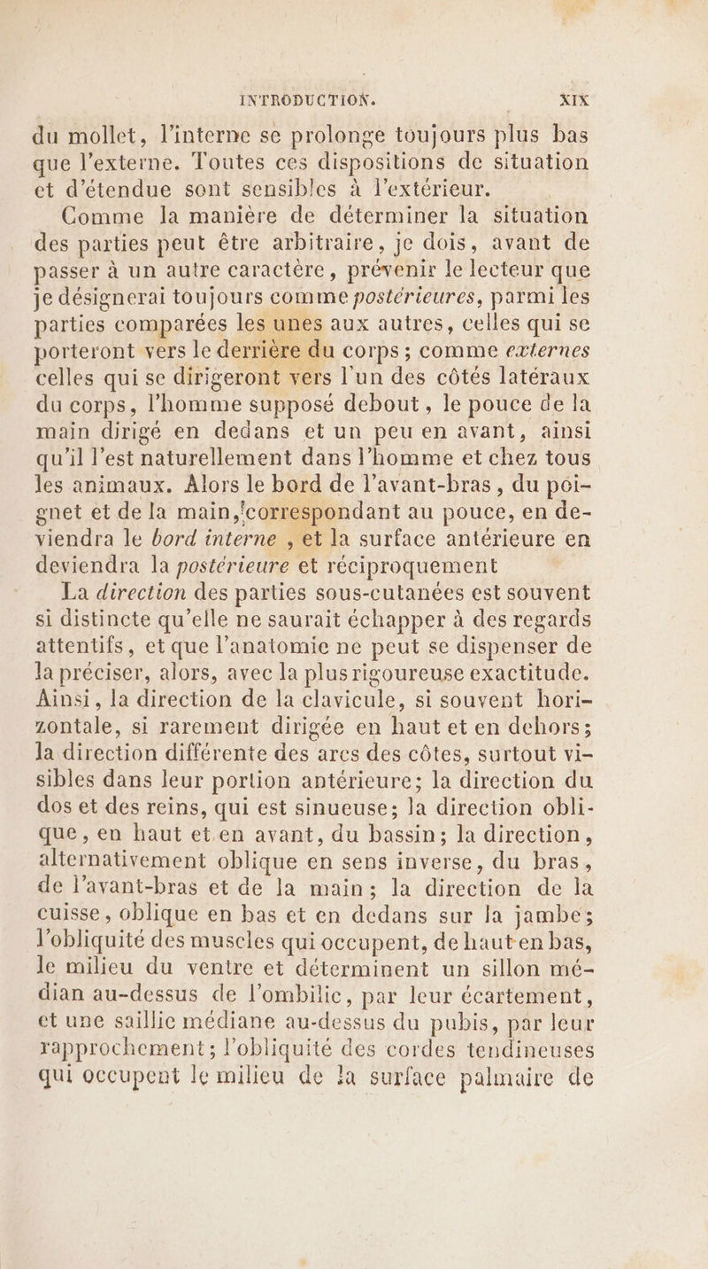 du mollet, l’interne se prolonge toujours plus bas que l’externe. Toutes ces dispositions de situation et d’étendue sont sensibles à lextérieur. Comme la manière de déterminer la situation des parties peut être arbitraire, je dois, avant de passer à un autre caractère, prévenir le lecteur que je désignerai toujours comme postérieures, parmi les parties comparées les unes aux autres, celles qui se porteront vers le derrière du corps ; comme externes celles qui se dirigeront vers l'un des côtés latéraux du corps, l’homme supposé debout, le pouce de la main dirigé en dedans et un peu en avant, ainsi qu'il l’est naturellement dans l’homme et chez tous les animaux. Alors le bord de l’avant-bras, du poi- gnet et de la main,correspondant au pouce, en de- viendra le bord interne , et la surface antérieure en deviendra la postérieure et réciproquement La direction des parties sous-cutanées est souvent si distincte qu’elle ne saurait échapper à des regards attentifs, et que l’anatomie ne peut se dispenser de la préciser, alors, avec la plus rigoureuse exactitude. Ainsi, la direction de la clavicule, si souvent hori- zontale, si rarement dirigée en haut et en dehors; la direction différente des ares des côtes, surtout vi- sibles dans leur portion antérieure; la direction du dos et des reins, qui est sinueuse; la direction obli- que , eu haut et.en avant, du bassin; la direction, alternativement oblique en sens inverse, du bras, de l’avant-bras et de la main; la direction de la cuisse, oblique en bas et en dedans sur la jambe; l'obliquité des muscles qui occupent, de hauten bas, le milieu du ventre et déterminent un sillon mé- dian au-dessus de l’ombilic, par leur écartement, et une saillie médiane au-dessus du pubis, par leur rapprochement; l’obliquité des cordes tendineuses qui occupent le milieu de }a surface palmaire de