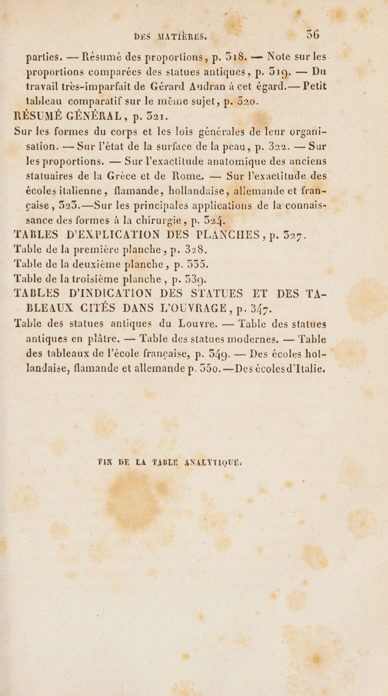 parties. — Résumé des proportions, p. 318. — Note sur les proportions comparées des statues antiques, p. 919. — Du travail tres-imparfait de Gérard Audran à cet égard.— Petit tableau comparatif sur le même sujet, ER RÉSUMÉ GÉNÉRAL, p. 321. k Sur Îles formes du corps et les lois générales Es leur organi- sation. — Sur l’état de la surface de la peau, p. 322. — Sur Jes proportions. — Sur l'exactitude anatomique des anciens statuaires de la Grèce et de Rome, — Sur l’exactitude des écoles italienne, flamande, hollandaise, allemande et fran- çaise , 429.—Sur les principales applications de la connais- sance des formes à la chirurgie, p. 524. TABLES D’EXPLICATION DES PLANCHES , p. 527. Table de la première planche, p. 328. Table de la deuxième planche, p. 555. Table de la troisième planche, p. 539. TABLES D'INDICATION DES STATUES ET DES TA- BLEAUX CITÉS DANS L'OUVRAGE, p. 347. Table des statues antiques du Louvre. — Table des statues antiques en piätre. — Table des statues modernes, — Table des tableaux de l’école française, p. 349. — Des écoles hol- landaise, flamande et allemande p. 550.—Des écolesd’Italie. FIN DE LA TABLE ANALYŸTIQUÉ,