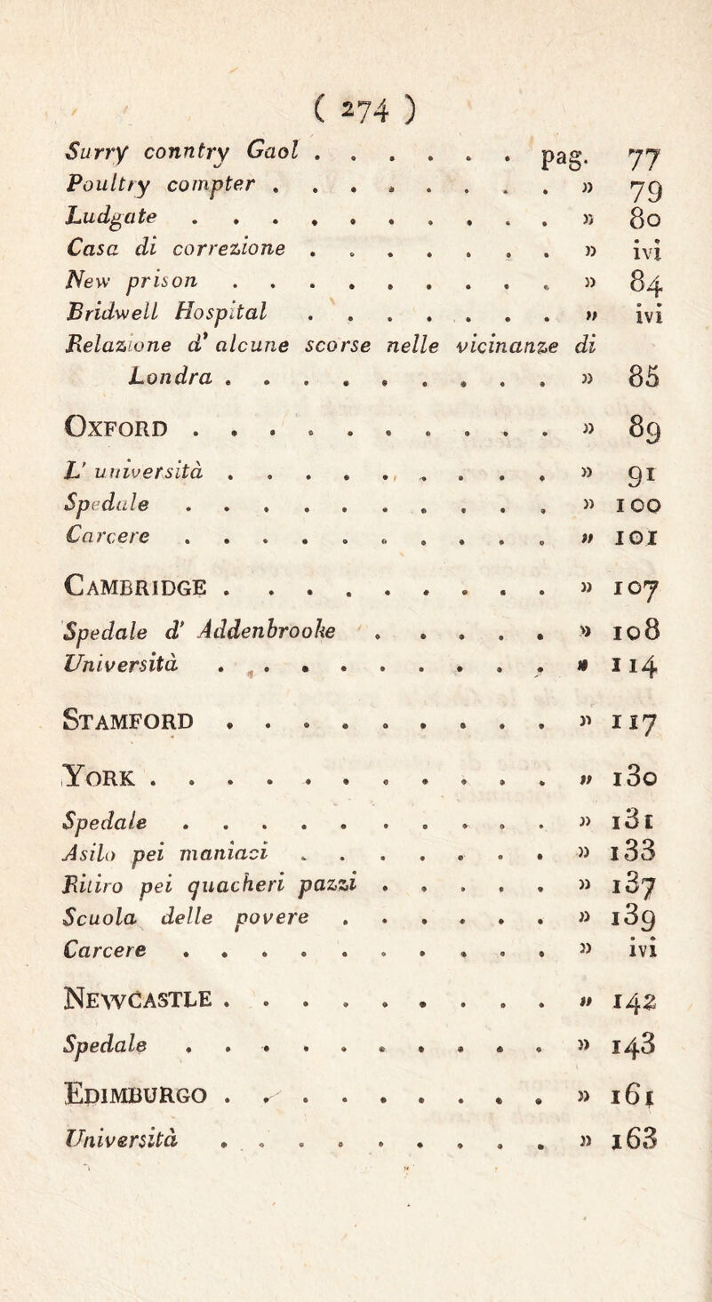 Surry country Gaol . • pag. 77 Poultry compter . . , . * » 79 Ludgate » 8o Casa di correzione .... • » • • IVI New prison 84 Bridwell Hospital . Relazione d* alcune scorse nelle vicinanze di e * IVI Londra • 3) 85 Oxford ........ ♦ 3) 89 L' università • 3) 9r Spedule ....... 33 100 Carcere • #/ IGI Cambridge 33 IO7 Spedale d' Addenbrooke 9 108 Università . , . • « H I 14 Stamford ...... n I 17 ìYork • V i3o Spedale <> 33 i3i Asilo pei maniaci .... • 3) 133 Ritiro pei quacheri pazzi . « 3) 187 Scuola delle povere # 3) 139 Carcere % O 3) • • IVI Newcastle ...... 14 Z Spedale . $ )> 148 Edimburgo . < .... « 33 16* Università , . • 3) i63