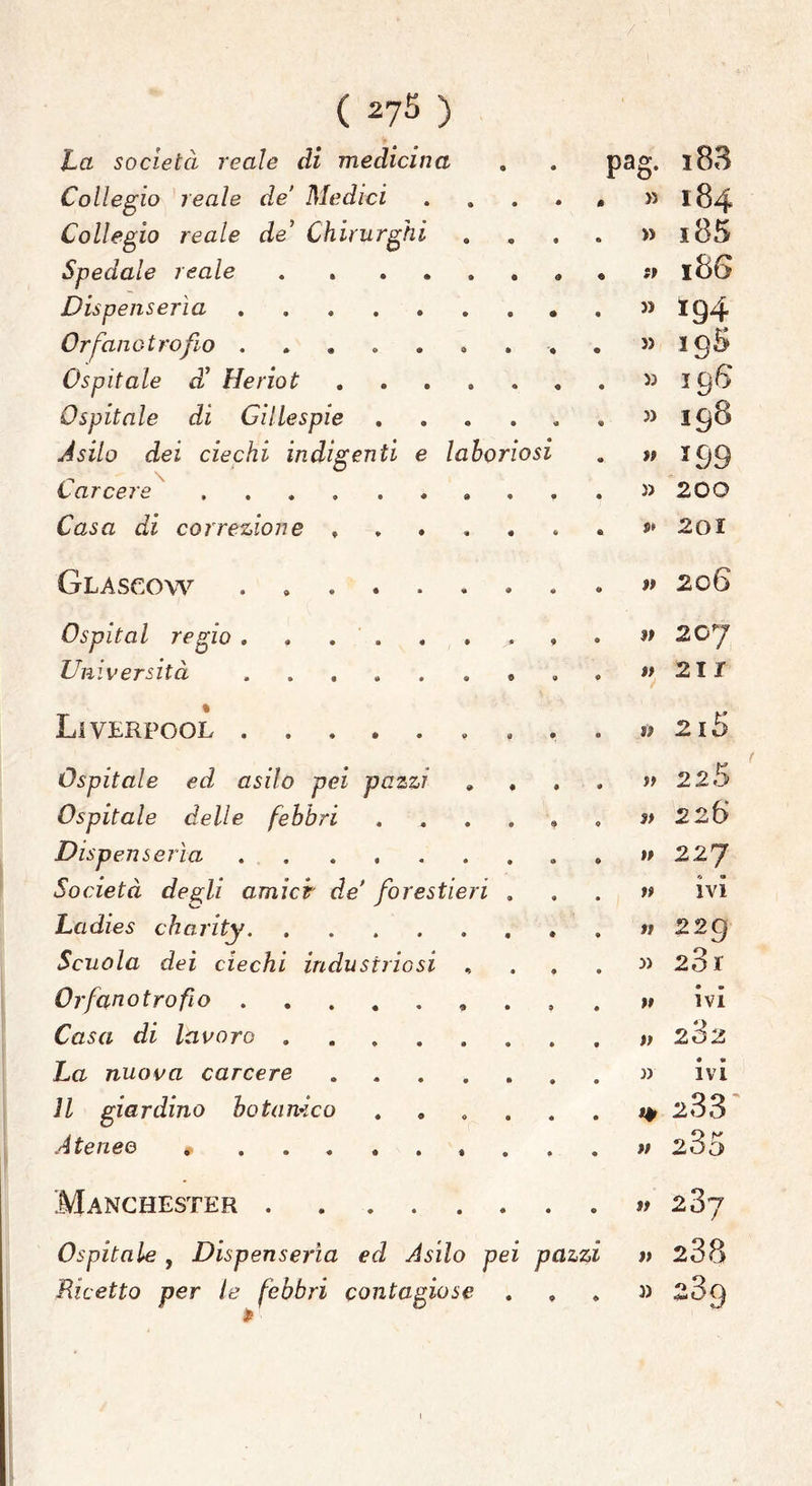 La società reale di medicina 9 9 pag. i83 Collegio reale de’ Medici 9 * » I84 Collegio reale de’ Chirurghi 9 9 0 >3 i85 Spedale reale . l86 Dispenserìa 9 (è 33 194 Orfanotrofio ...... ® 9 5) ig5 Ospitale d!’ He rio t . 0 9 Sì 196 Ospitale di Gillespie • ss 3) 198 Asilo dei ciechi indigenti e laboriosi »? *99 tare ere • • 33 200 Casa di correzione , 9 « J» 201 Glasgow ...... e 0 »? 206 Ospitai regio ...... * • 3? 207 Università ...... 9 0 « 21 1 % Livlrpool . 0 0 S? 215 Ospitale ed asilo pei pazzi • 9 >? 22 5 Ospitale delle febbri 9 Sì 225 Dispenserìa tt 227 Società degli amici' de’ forestier l . 9 ?? ivi Ladies charity » 229 Scuola dei ciechi industriosi , • 9 3) 201 Orfanotrofio • 9 »? ivi Casa di lavoro « * 3? 282 La nuova carcere .... I» 0 33 0 « IVI Il giardino botanico o 0 233' Ateneo * 1? 235 Manchester 0 0 Sì 287 Ospitale, Dispenserìa ed Asilo pei pazzi 1? 238 Ricetto per le febbri contagiose 3) 289