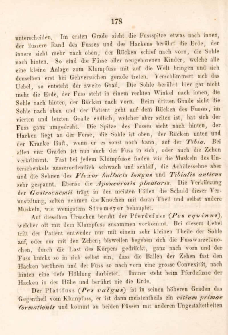 unterscheiden. Im ersten Grade sieht die Fussspitze etwas nach innen, der äussere Rand des Fusses und des Hackens berührt die Erde, der innere sieht mehr nach oben, der Rücken schief nach vorn, die Sohle nach hinten. So sind die Füsse aller neugeborenen Kinder, welche alle eine kleine Anlage zum Klumpfuss mit auf die Welt bringen und sich denselben erst bei Gehversuchen gerade treten. Verschlimmert sich das Uebel, so entsteht der zweite Grad. Die Sohle berührt hier gar nicht mehr die Erde, der Fuss steht in einem rechten W inkel nach innen, die Sohle nach hinten, der Rücken nach vorn. Beim dritten Grade sieht die Sohle nach oben und der Patient geht auf dem Rücken des Fusses, im vierten und letzten Grade endlich, welcher aber selten ist, hat sich der Fuss aanz umnedreht. Die Spitze des Fusses sieht nach hinten, der Hacken liegt an der Ferse, die Sohle ist oben, der Rücken unten und der Kranke läuft, wenn er es sonst noch kann, auf der Tilia. Bei allen vier Graden ist nun auch der Fuss in sich, oder auch die Zehen verkrümmt. Fast bei jedem Klumpfiisse finden wir die Muskeln des 1 n- terschenkels ausserordentlich schwach und schlaff, die Achillessehne aber und die Sehnen des Flexor hallucix Ion gut und Tili ah x anticnx sehr gespannt. Ebenso die Aponextroxix plantarix. Die Verkürzung der Gaxtrocnemii trägt in den meisten Fällen die Schuld dieser Ver- unstaltunselten nehmen die Knochen mit daran I heil und selbst andere Muskeln, wie wenigstens StromeTer behauptet. Auf dieselben Ursachen beruht der Pferdefuss (Pex erjvinvs), welcher oft mit dem Klumpfuss zusammen vorkommt. Bei diesem Lehel tritt der Patient entweder nur mit einem sehr kleinen Theile der Sohle auf, oder nur mit den Zehen; bisweilen begeben sich die Fusgwurzelkno- chen. durch die Last des Körpers gedrückt, ganz nach vorn und der Fuss knickt so in sich selbst ein, dass die Ballen der Zehen fast den Hacken berühren und der Fuss so nach vorn eine grosse Convexität, nach hinten eine tiefe Höhlung darbietet. Immer steht beim Pferdefusse der Hacken in der Höhe und berührt nie die Erde. Der Platt fuss (Pex valgux) ist in seinen höheren Graden das Gegentheil vom Klumpfuss, er ist dann meistentheils ein ritivm primae formationix und kommt an beiden Füssen mit anderen l’ngestaltetheiten