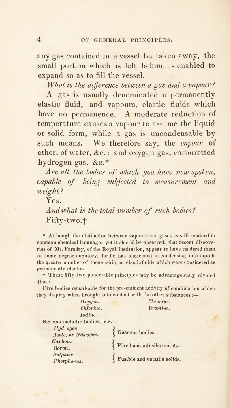 any gas contained in a vessel be taken away, the small portion which is left behind is enabled to expand so as to fill the vessel. What is the difference between a gas and a vapour ? A gas is usually denominated a permanently elastic fluid, and vapours, elastic fluids which have no permanence. A moderate reduction of temperature causes a vapour to assume the liquid or solid form, while a gas is uncondensable by such means. We therefore say, the vapour of ether, of water, See.; and oxygen gas, carburetted hydrogen gas, &c.* Are all the bodies of which you have now spoken, capable of being subjected to measurement and weight ? Yes. And what is the total number of such bodies ? Fifty-two.f * Although the distinction between vapours and gases is still retained in common chemical language, yet it should be observed, that recent discove- ries of Mr. Faraday, of the Royal Institution, appear to have rendered them in some degree nugatory, for he has succeeded in condensing into liquids the greater number of those aerial or elastic fluids which were considered as permanently elastic. t These fifty-two ponderable principles may be advantageously divided thus:— Five bodies remarkable for the pre-eminent activity of combination which they display when brought into contact with the other substances:—- Oxygen. Fluorine. Chlorine. Bromine. Iodine. » Six non-metallic bodies, viz.:— Hydrogen. Azote, or Nitrogen. Carbon. Boron. Sulphur. Phosphorus. Gaseous bodies. Fixed and infusible solids. Fusible and volatile solids.