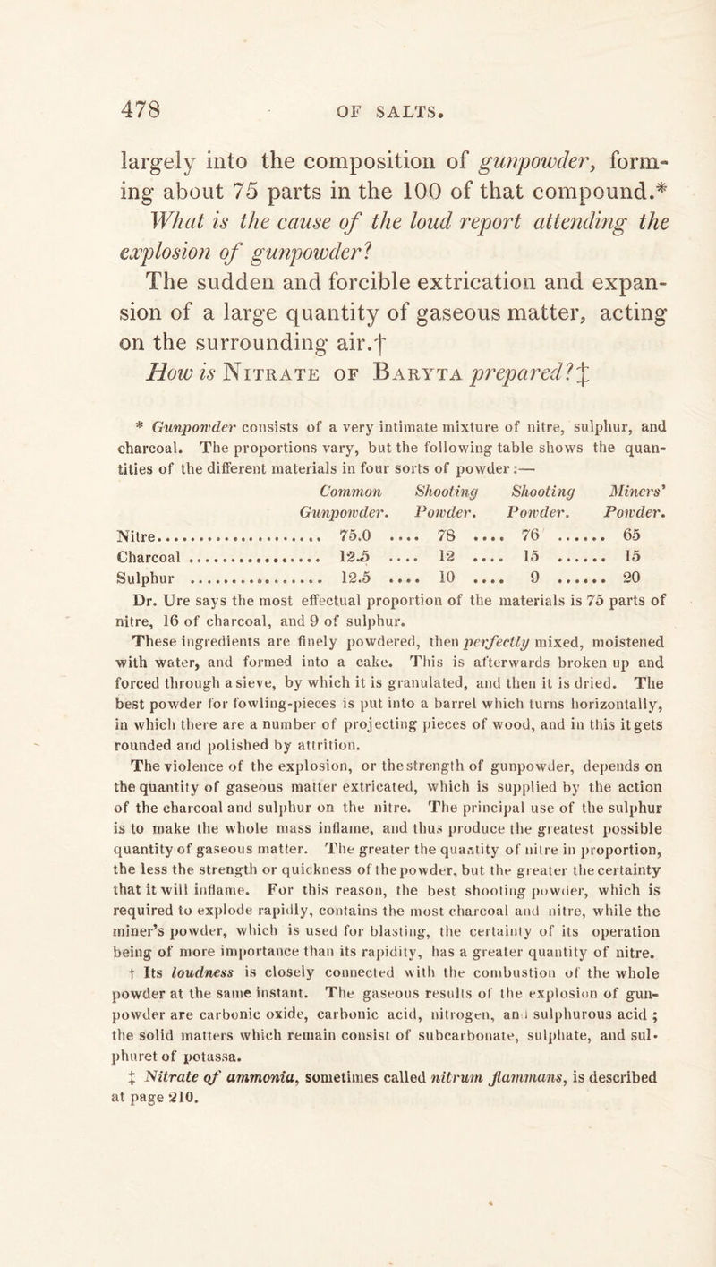 largely into the composition of gunpowder, form- ing about 75 parts in the 100 of that compound.* What is the cause of the loud report attending the explosion of gunpowder l The sudden and forcible extrication and expan- sion of a large quantity of gaseous matter, acting on the surrounding air/j' How is Nitrate of B a r y t a p rep a red ? J * Gunpowder consists of a very intimate mixture of nitre, sulphur, and charcoal. The proportions vary, but the following- table shows the quan- tities of the different materials in four sorts of powder:— Common Shooting Shooting Miners' Gunpowder. Powder. Powder. Powder. 75.0 .. .. 78 ... . 76 .... .. 65 nha renal 12.5 .. .. 12 ... . 15 .... .. 15 Sulphur .« 10 • •. . 9 .... Dr. Ure says the most effectual proportion of the materials is 75 parts of nitre, 16 of charcoal, and 9 of sulphur. These ingredients are finely powdered, then perfectly mixed, moistened with water, and formed into a cake. This is afterwards broken up and forced through a sieve, by which it is granulated, and then it is dried. The best powder for fowling-pieces is put into a barrel which turns horizontally, in which there are a number of projecting pieces of wood, and in this it gets rounded and polished by attrition. The violence of the explosion, or the strength of gunpowder, depends on the quantity of gaseous matter extricated, which is supplied by the action of the charcoal and sulphur on the nitre. The principal use of the sulphur is to make the whole mass inflame, and thus produce ihe greatest possible quantity of gaseous matter. The greater the quantity of nitre in proportion, the less the strength or quickness of the powder, but the greater the certainty that it will inflame. For this reason, the best shooting powder, which is required to explode rapidly, contains the most charcoal and nitre, while the miner’s powder, which is used for blasting, the certainty of its operation being of more importance than its rapidity, has a greater quantity of nitre. t Its loudness is closely connected with the combustion of the whole powder at the same instant. The gaseous results of the explosion of gun- powder are carbonic oxide, carbonic acid, nitrogen, am sulphurous acid ; the solid matters which remain consist of subcarbonate, sulphate, and sul* phuretof potassa. + Nitrate qf ammonia, sometimes called nitrum Jlammans, is described at page *210.