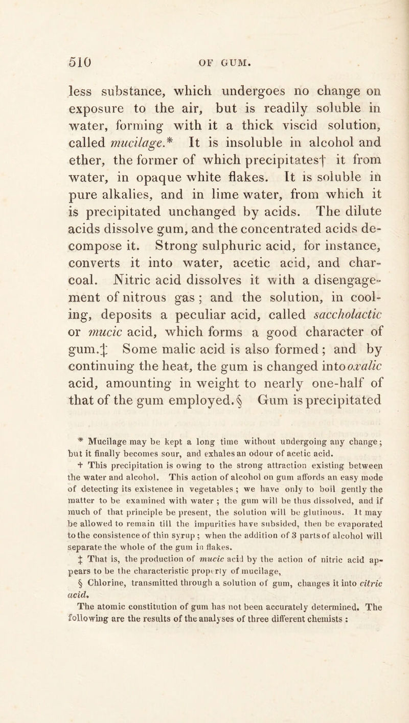 less substance, which undergoes no change on exposure to the air, but is readily soluble in water, forming with it a thick viscid solution, called mucilage.* * * § It is insoluble in alcohol and ether, the former of which precipitates^ it from water, in opaque white flakes. It is soluble in pure alkalies, and in lime water, from which it is precipitated unchanged by acids. The dilute acids dissolve gum, and the concentrated acids de- compose it. Strong sulphuric acid, for instance, converts it into water, acetic acid, and char- coal. Nitric acid dissolves it with a disengage- ment of nitrous gas ; and the solution, in cool- ing, deposits a peculiar acid, called saccholactic or mucic acid, which forms a good character of gum.:); Some malic acid is also formed ; and by continuing the heat, the gum is changed into oxalic acid, amounting in weight to nearly one-half of that of the gum employed. § Gum is precipitated * Mucilage may be kept a long time without undergoing any change; but it finally becomes sour, and exhales an odour of acetic acid. + This precipitation is owing to the strong attraction existing between the water and alcohol. This action of alcohol on gum affords an easy mode of detecting its existence in vegetables ; we have only to boil gently the matter to be examined with water ; the gum will be thus dissolved, and if much of that principle be present, the solution will be glutinous. It may be allowed to remain till the impurities have subsided, then be evaporated to the consistence of thin syrup ; when the addition of 3 parts of alcohol will separate the whole of the gum in flakes. X That is, the production of mucic acid by the action of nitric acid ap- pears to be the characteristic properly of mucilage, § Chlorine, transmitted through a solution of gum, changes it into citric acid, The atomic constitution of gum has not been accurately determined. The following are the results of the analyses of three different chemists :