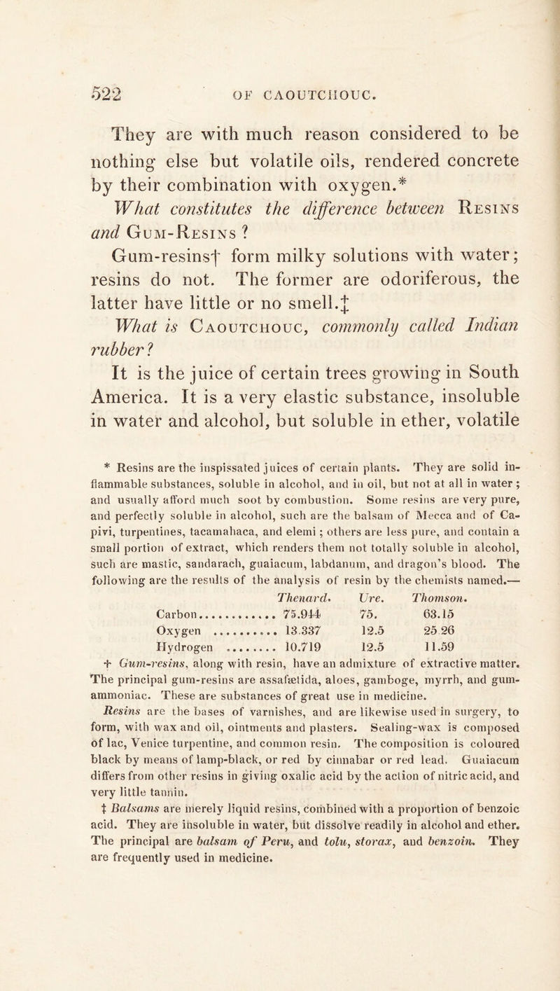 They are with much reason considered to be nothing* else but volatile oils, rendered concrete by their combination with oxygen.* What constitutes the difference between Resins and Gum-Resins ? Gum-resinsj* form milky solutions with water; resins do not. The former are odoriferous, the latter have little or no smell.J What is Caoutchouc, commonly called Indian rubber ? It is the juice of certain trees growing in South America. It is a very elastic substance, insoluble in water and alcohol, but soluble in ether, volatile * Resins are the inspissated j uices of certain plants. They are solid in- flammable substances, soluble in alcohol, and in oil, but not at all in water ; and usually afford much soot by combustion. Some resins are very pure, and perfectly soluble in alcohol, such are the balsam of Mecca and of Ca- pivi, turpentines, tacamahaca, and elemi; others are less pure, and contain a small portion of extract, which renders them not totally soluble in alcohol, such are mastic, sandarach, guaiacum, labdanum, and dragon’s blood. The following are the results of the analysis of resin by the chemists named.— Thenard. Ure. Thomson 75.944 75. 63.15 13.337 12.5 25 26 10.719 12.5 11.59 Carbon... Oxygen Hydrogen 4 Gum-resins, along with resin, have an admixture of extractive matter. The principal gum-resins are assafaelida, aloes, gamboge, myrrh, and gum- ammoniac. These are substances of great use in medicine. Resins are the bases of varnishes, and are likewise used in surgery, to form, with wax and oil, ointments and plasters. Sealing-wax is composed of lac, Venice turpentine, and common resin. The composition is coloured black by means of lamp-black, or red by cinnabar or red lead. Guaiacum differs from other resins in giving oxalic acid by the action of nitric acid, and very little tannin. t Balsams are merely liquid resins, combined with a proportion of benzoic acid. They are insoluble in water, but dissolve readily in alcohol and ether. The principal are balsam of Peru, and tolu, storax, and benzoin. They are frequently used in medicine.