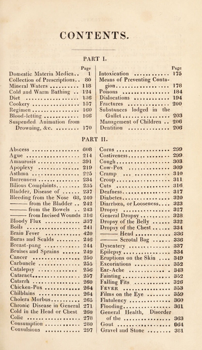 CONTENTS. PART I. Page Domestic Materia Medica.. 1 Collection of Prescriptions.. 80 Mineral Waters 118 Cold and Warm Bathing .. 124 Diet 136 Cookery 157 Regimen 160 Blood-letting 166 Suspended Animation from Drowning, &c 170 Page Intoxication 175 Means of Preventing Conta- gion 178 Poisons 184 Dislocations 194 Fractures 200 Substances lodged in the Gullet 203 Management of Children .. 206 Dentition 206 PART II. Abscess 608 Ague 214 Amaurosis 391 Apoplexy 219 Asthma * 225 Barrenness 234 Bilious Complaints 235 Bladder, Disease of 237 Bleeding from the Nose 68, 240 — from the Bladder .. 242 ■ from the Bowels .. 243 from Incised Wounds 316 Bloody Flux 337 Boils 241 Brain Fever 420 Burns and Scalds 246 Breast-pang 244 Bruises and Sprains ...... 249 Cancer 250 Carbuncle 255 Catalepsy 256 Cataract* 257 Catarrh 260 Chicken-Pox 264 Chilblains 264 Cholera Morbus 265 Chronic Disease in General 271 Cold in the Head or Chest 260 Colic 278 Consumption 280 Convulsions 297 Corns 299 Costiveness 299 Cough 303 Cow-Pox 309 Cramp 310 Croup 311 Cuts 316 Deafness....««••.••••••* 317 Diabetes.,......, 320 Diarrhoea, or Looseness.... 323 Dropsy 327 General Dropsy 328 Dropsy of the Belly 332 Dropsy of the Chest 334 Head 336 Scrotal Bag 336 Dysentery 337 Epilepsy 334 Eruptions on the Skin .... 349 Excoriations 352 Ear-Ache 343 Fainting 352 Falling Fits 326 Fever 353 Films on the Eye 359 Flatulency 360 Flooding 361 General Health, Disorder of the 363 Gout 664 Gravel and Stone 381