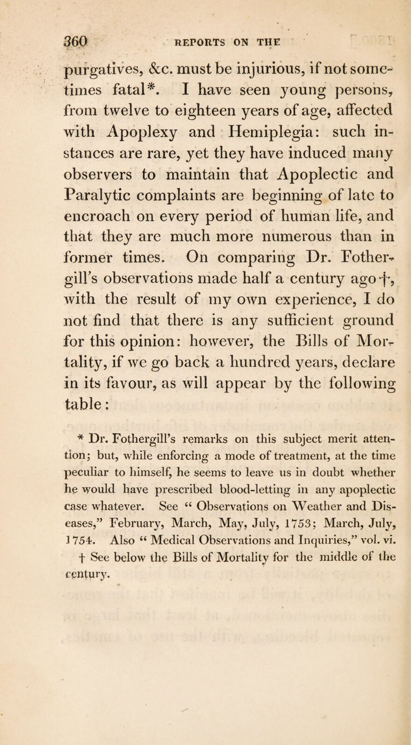 i**. purgatives, &c. must be injurious, if not some- times fatal*. I have seen young persons, from twelve to eighteen years of age, affected with Apoplexy and Hemiplegia: such in¬ stances are rare, yet they have induced many observers to maintain that Apoplectic and Paralytic complaints are beginning of late to encroach on every period of human life, and that they are much more numerous than in former times. On comparing Dr. Pother- gill's observations made half a century ago^f, with the result of my own experience, I do not find that there is any sufficient ground for this opinion: however, the Bills of Mor¬ tality, if we go back a hundred years, declare in its favour, as will appear by the following table: * Dr. Fothergill’s remarks on this subject merit atten¬ tion; but, while enforcing a mode of treatment, at the time peculiar to himself, he seems to leave us in doubt whether he would have prescribed blood-letting in any apoplectic case whatever. See “ Observations on Weather and Dis¬ eases,’’ February, March, May, July, 1753; March, July, 3 754. Also “ Medical Observations and Inquiries,” vol. vi. f See below the Bills of Mortality for the middle of the century.