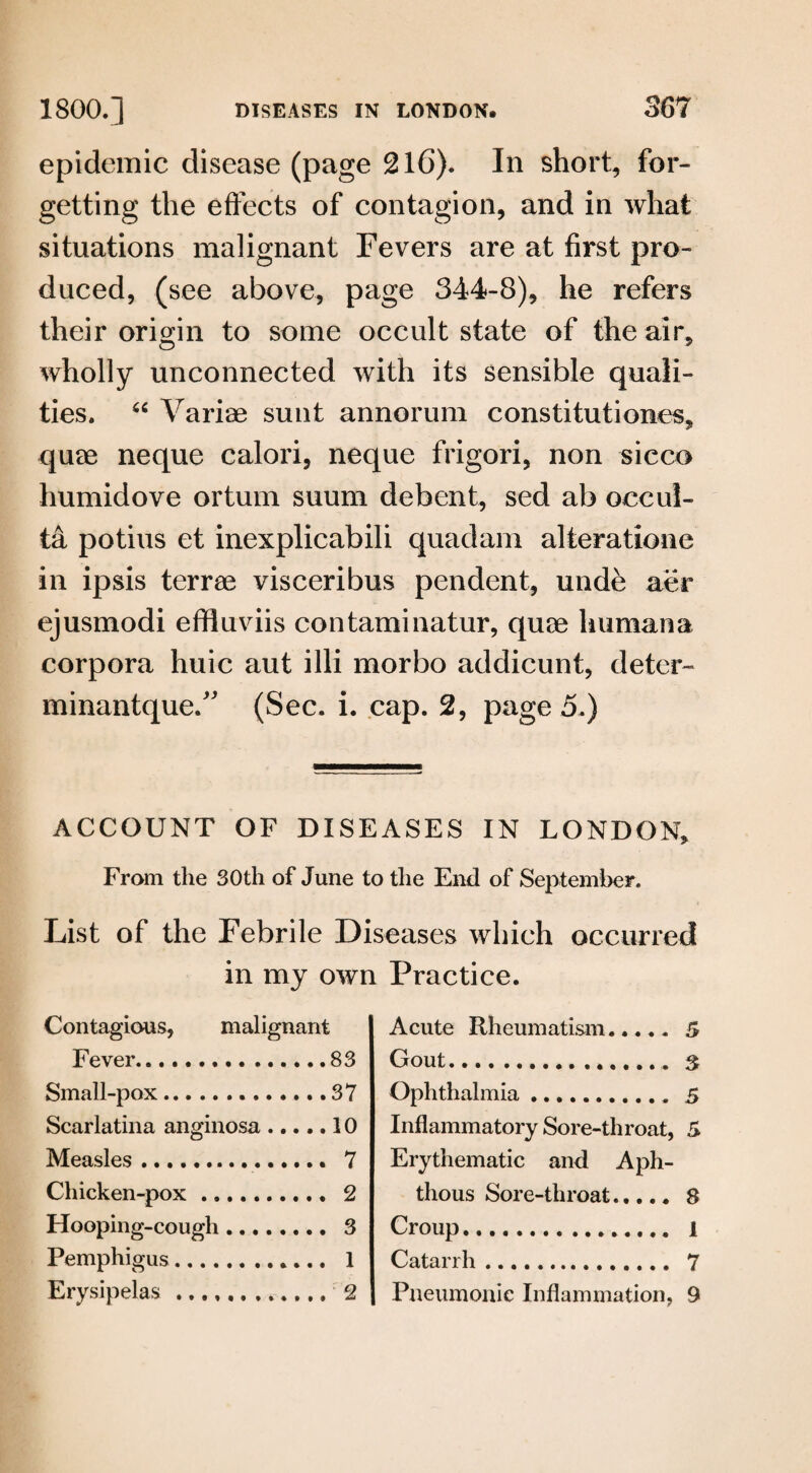 epidemic disease (page 21G). In short, for¬ getting the effects of contagion, and in what situations malignant Fevers are at first pro¬ duced, (see above, page 344-8), he refers their origin to some occult state of the air, wholly unconnected with its sensible quali¬ ties. “ Variae sunt annorum c ons ti tut i ones, quae neque calori, neque frigori, non sicco humidove ortum suum debent, sed ab occul¬ ta potius et inexplicabili quadam alteratione in ipsis terrae visceribus pendent, unde aer ejusmodi effluviis contaminatur, quae humana corpora huic aut illi morbo addicunt, deter- minantque. (Sec. i. cap. 2, page 5.) ACCOUNT OF DISEASES IN LONDON, From the 30th of June to the End of September. List of the Febrile Diseases which occurred in my own Practice. Contagious, malignant Acute Rheumatism..... Fever.... 83 Oout.. ...... Small-pox.... 37 Ophthalmia.. Scarlatina anginosa. 10 Inflammatory Sore-throat, Measles. 7 Erythematic and Aph- Chicken-pox .. 2 thous Sore-throat. Hooping-cough. 3 Croup... Pemphigus..... 1 Catarrh. Erysipelas ............ r2 Pneumonic Inflammation,