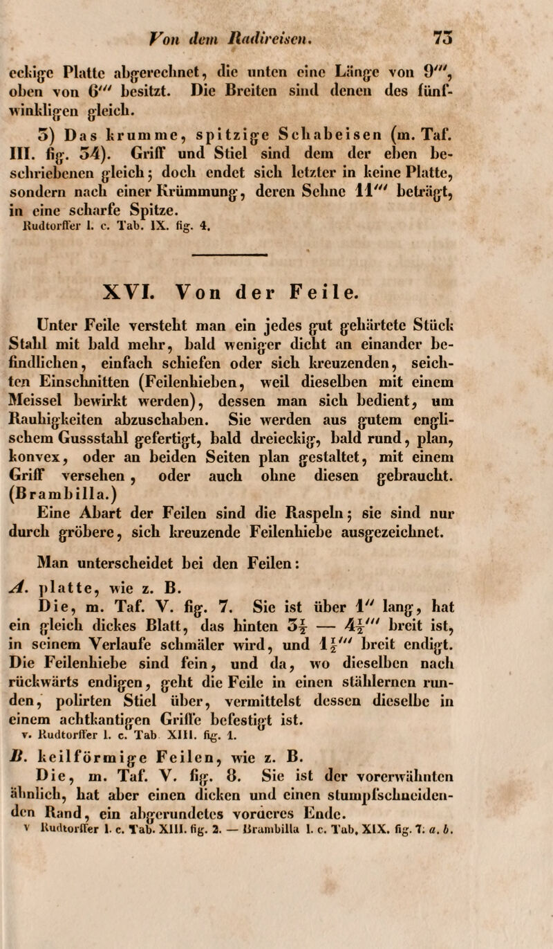 ccliljjc Platte abjjercclinet, die unten eine Läng^e von 9', oben von G' besitzt. Die Breiten sind denen des fünt- uinkllgen gleich. 5) Das krumme, spitzige Schabeisen (m. Taf. III. fig. 54). Griff und Stiel sind dem der eben be¬ schriebenen gleich j doch endet sich letzter in keine Platte, sondern nach einer Krümmung, deren Sehne 11' beträgt, in eine scharfe Spitze. Kudtorfl'er 1. c. Tab. IX. fig. 4. XVL Von der Feile. Unter Feile versteht man ein jedes gut gehärtete Stück Stahl mit bald mehr, bald weniger dicht an einander be¬ findlichen, einfach schiefen oder sich kreuzenden, seich¬ ten Einsclmitten (Feilenhieben, weil dieselben mit einem Meissei bewirkt werden), dessen man sich bedient, um Rauhigkeiten abzuschaben. Sie werden aus gutem engli¬ schem Gussstahl gefertigt, bald dreieckig, bald rund, plan, konvex, oder an beiden Seiten plan gestaltet, mit einem Griff versehen , oder auch ohne diesen gebraucht. (Brambilla.) Eine Abart der Feilen sind die Raspeln j sie sind nur durch gröbere, sich kreuzende Feilenhiebe ausgezeichnet. Man unterscheidet bei den Feilen; ]>latte, wie z. B. Die, m. Taf. V. fig. 7. Sie ist über 1 lang, hat ein gleich dickes Blatt, das hinten — 4|^' breit ist, in seinem Verlaufe schmäler wird, und 1|' breit endigt. Die Feilenhiebe sind fein, und da, wo dieselben nach rückwärts endigen, geht die Feile in einen stählernen run¬ den, polirten Stiel über, vermittelst dessen dieselbe in einem achtkantigen Grille befestigt ist. V. Kudtorffer 1. c. Tab XIII. fig. 1. li. keilförmige Feilen, wie z. B. Die, m. Taf. V. fig. B. Sie ist der vorerwähnten ähnlich, hat aber einen dicken und einen stumpfschueidcn- dcn Rand, ein abgerundetes vorücres Ende. V Kudtorffer 1. c. Tab. Xlll. fig. 2. — lirambilla 1. c. Tab. XIX. fig. 7; a. i.