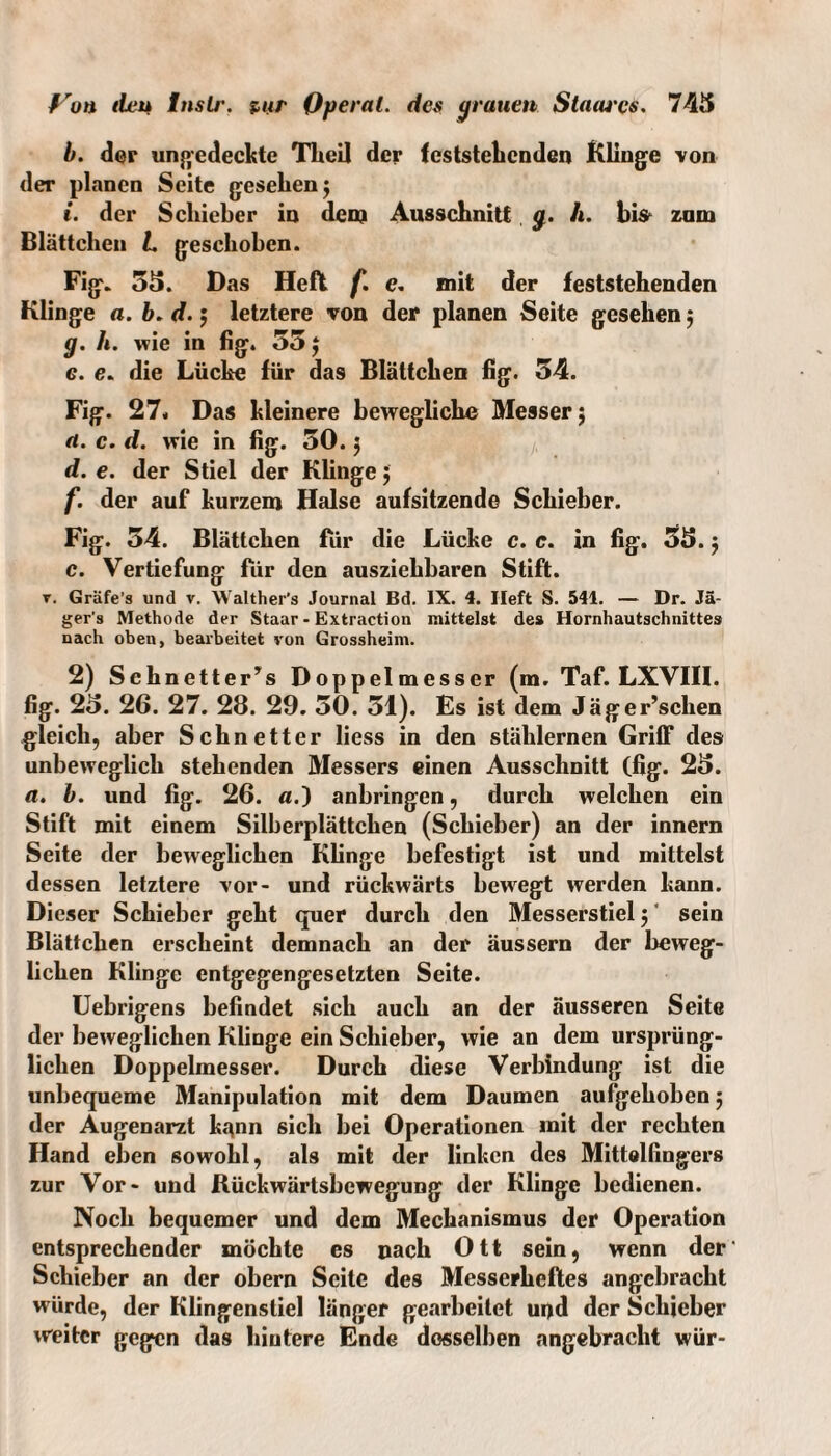 b. der ungedeckte Theil der feststehenden Klinge von der pinnen Seite gesehen 5 i. der Schieber in dem Ausschnitt g. h. bfo zum Blättchen L geschoben. Fig. 55. Das Heft f. <?. mit der feststehenden Klinge a. b. d.$ letztere von der planen Seite gesehen 3 g. h. wie in fig. 55 3 e. die Lüche für das Blättchen fig. 54. Fig. 27« Das kleinere bewegliche Messer 5 ä. c. d. wie in fig. 50.3 d. e. der Stiel der Klinge 3 f. der auf kurzem Halse aufsitzende Schieber. Fig. 54. Blättchen für die Lücke c. c. in fig. 55.3 c. Vertiefung für den ausziehbaren Stift. t. Gräfe’s und v. Walther's Journal Bd. IX. 4. Heft S. 541. — Dr. Jä¬ ger's Methode der Staar - Extraction mittelst des Hornhautschnittes nach oben, bearbeitet von Grossheini. 2) Schnetter’s Doppelmesser (m. Taf. LXVIH. fig. 25. 26. 27. 28. 29. 50. 51). Es ist dem Jäger’sclien gleich, aber Schnetter liess in den stählernen Griff des unbeweglich stehenden Messers einen Ausschnitt (fig. 25. a. b. und fig. 26. «.) anbringen, durch welchen ein Stift mit einem Silberplättchen (Schieber) an der innern Seite der beweglichen Klinge befestigt ist und mittelst dessen letztere vor- und rückwärts bewegt werden kann. Dieser Schieber geht quer durch den Messerstiel 3 sein Blättchen erscheint demnach an der äussern der beweg¬ lichen Klinge entgegengesetzten Seite. Uebrigens befindet sich auch an der äusseren Seite der beweglichen Klinge ein Schieber, wie an dem ursprüng¬ lichen Doppelmesser. Durch diese Verbindung ist die unbequeme Manipulation mit dem Daumen aufgehoben 3 der Augenarzt kqnn sich bei Operationen mit der rechten Hand eben sowohl, als mit der linken des Mittelfingers zur Vor- und ßückwärtsbewegung der Klinge bedienen. Noch bequemer und dem Mechanismus der Operation entsprechender möchte es nach Ott sein, wenn der' Schieber an der obern Seite des Messerheftes angebracht w ürde, der Klingenstiel länger gearbeitet und der Schieber weiter gegen das hintere Ende dosseiben angebracht wür-