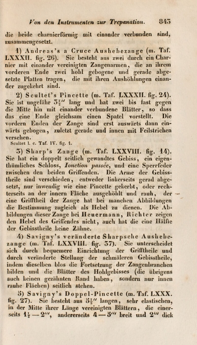 die beide charnierformig mit einander verbunden sind, zusammengesetzt. 1) Andreas’« a Cruce Aushebczangc (m. Taf. LXXX1I. fig. 2(>). Sie bestellt aus zwei durch ein Char- nicr mit einander vereinigten Zangenannen, die an ihrem vorderen Ende zwei hohl gebogene und gerade abge¬ setzte Platten tragen, die mit ihren Aushöhlungen einan¬ der zugekehrt sind. 2) Scultet’s Pincette (m. Taf. LXXXII. fig. 24). Sic ist ungefähr lang und hat zwei bis fast gegen die Alitle hin mit einander verbundene Blätter, so dass das eine Ende gleichsam einen Spatel vorstellt. Die vordem Enden der Zange sind erst auswärts dann ein¬ wärts gebogen, zuletzt gerade und innen mit Feilstrichen versehen. Scultet 1. c. Taf. IV. fig. 1. 5) Sharp’s Zange (m. Taf. LXXVIII. fig. 14). Sie hat ein doppelt seitlich gewandtes Gebiss, ein cigen- thümliches Schloss, Ionction passee, und eine Sperrfeder zwischen den beiden Griffenden. Die Arme der Gebiss- theile sind verschieden, entweder linkerseits gcrad abge¬ setzt, nur inwendig wie eine Pincette gekerbt, oder rech- terseits an der innern Fläche ausgehöhlt und rauh, der eine Grifftheil der Zange hat bei manchen Abbildungen die Bestimmung zugleich als Hebel zu dienen. Die Ab¬ bildungen dieser Zange bei Heuermann, Richter zeigen den Hebel des Griffendes nicht, auch hat die eine Hälfte der Gebisstheile keine Zähne. 4) Savigny’s veränderte Sharpsche Aushebe¬ zange (m. Taf. LXXVIII. fig. 57). Sie unterscheidet sich durch bequemere Einrichtung der Grifftheile und durch veränderte Stellung der schmäleren Gebisstheile, indem dieselben blos die Fortsetzung der Zangenbranchen bilden und die Blätter des Hohlgebisses (die übrigens auch keinen gezähnten Rand haben, sondern nur innen rauhe Flächen) seitlich stehen. 5) Savigny’s Doppcl-Pincctte (m. Taf. LXXX. fig. 27). Sie besteht aus langen, sehr elastischen, in der Milte ihrer Länge vereinigten Blättern, die einer¬