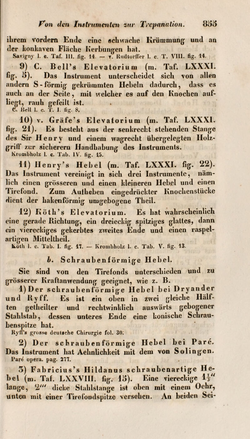 ihrem vordem Ende eine schwache Krümmung und an der konkaven Flache Herhungen hat. Sarigny 1. e. Taf. Hl. fig. 14. — ▼. Kudtorffer 1. c. T. VIII. fig. 14. 9) C. Bell’s Elevatorium (ra. Taf. LXXXI. fig. 3). Das Instrument unterscheidet sich von allen andern S-förmig gekrümmten Hebeln dadurch, dass es auch an der Seite, mit welcher es auf den Knochen auf¬ liegt, rauh gefeilt ist. e. Hell 1. c. T. I. fig- 8. 10) v. Gräfe’s Elevatorium (m. Taf. LXXXI. fig. 21). Es besteht aus der senkrecht stehenden Stange des Sir Henry und einem wagrecht übergelegten Ilolz- gritf zur sicherem Handhabung des Instruments. Krumbholz 1. c. Tab. IV. fig. 15. 11) Henry’s Hebel (m. Taf. LXXXI. fig. 22). Das Instrument vereinigt in sich drei Instrumente, näm¬ lich einen grösseren und einen kleineren Hebel und einen Tirefond. Zum Aufheben eingedrückter Knochenstücke dient der hakenförmig umgebogene Theil. 12) Köth’s Elevatorium. Es hat wahrscheinlich eine gerade Richtung, ein dreieckig spitziges glattes, dann ein viereckiges gekerbtes zweites Ende und einen raspel¬ artigen Mitteltheil. fcLöth 1. c. Tab. I. fig. 17. — Krombhoiz 1. c. Tab. V. fig- 13. b. Schraubenförmige Hebel. Sie sind von den Tirefonds unterschieden und zu grösserer Kraftanwendung geeignet, wie z. B. 1) Der schraubenförmige Hebel bei Dryander und liyff. Es ist ein oben in zwei gleiche Hälf¬ ten getheilter und reehtwinklieh auswärts gebogener Stahlstab, dessen unteres Ende eine konische Schrau¬ benspitze hat. Ryths grosse deutsche Chirurgie fol. 30; 2) Der schraubenförmige Hebel bei Pare. Das Instrument hat Aehnlichkeit mit dem von Solingen. Pare opera. pag. 277. 3) Fabricius’s Ilildanus schraubenartige He¬ bel (m. Taf. LXXVIII. fig. 13). Eine viereckige ly lange, 2' dicke Stahlstange ist oben mit einem Ochr, unten mit einer Tiroloudspilzc versehen. An beiden Sei-