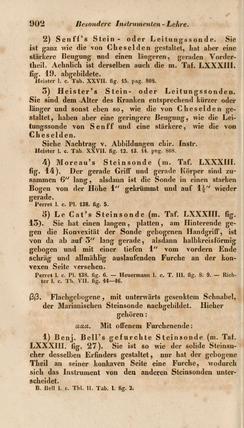 2) Senff’s Stein - oder Leitungssonde. Sie ist ganz wie die von Cheselden gestaltet, Iiat aber eine stärkere Beugung und einen längeren, geraden Vorder- iheil. Aelmlich ist derselben auch die m. Taf. LXXXIII. fig. 19. abgebildete. Heister 1. c. Tab. XXVII. fig. 15. pag. 803. 5) Heister’s Stein- oder Leitungssonden. Sie sind dem Alter des Kranken entsprechend kürzer oder länger und sonst eben so, wie die von Cheselden ge¬ staltet, haben aber eine geringere Beugung, wie die Lei¬ tungssonde von Sen ff und eine stärkere, wie die von Cheselden. Siehe Nachtrag v. Abbildungen ebir. Instr. Heister 1. c. Tab. XXVII. fig. 12. 13. 14. peg. 808. 4) Moreau’s Steinsonde (m. Taf. LXXXIII. fig. 14). Der gerade Griff und gerade Körper sind zu¬ sammen 6 lang, alsdann ist die Sonde in einen starken Bogen von der Höhe 1 gekrümmt und auf \.\“ wieder gerade. Perret 1. c. PI. 138. fig. 5. S) Le Cat’s Steinsonde (m. Taf. LXXXIII. fig. 15). Sie hat einen langen, platten, am Hinterende ge¬ gen die Konvexität der Sonde gebogenen Handgriff, ist von da ab auf 3 lang gerade, alsdann halbkreisförmig gebogen und mit einer tiefen 1 vom vordem Ende schräg und allmählig auslaufenden Furche an der kon¬ vexen Seite versehen. Perret 1. c. PI. 138. fig. 6. — Heuermann 1. c. T. III. fig. 8. 9. — Rich¬ ter 1. c. Th. VII. fig. 44—46. ßß. Flachgcbogene, mit unterwärts gesenktem Schnabel, der Marianischen Steinsonde nachgebildet. Hieher gehören: ucici. Mit offenem Furchenende: 1) Benj. Bcll’s gefurchte Steinsonde (m. Taf. LXXXIII. fig. 27). Sie ist so wie der solide Steinsu¬ cher desselben Erfinders gestaltet, nur hat der gebogene Theil an seiner konkaven Seite eine Furche, wodurch sich das Instrument von den anderen Steinsonden unter¬ scheidet.