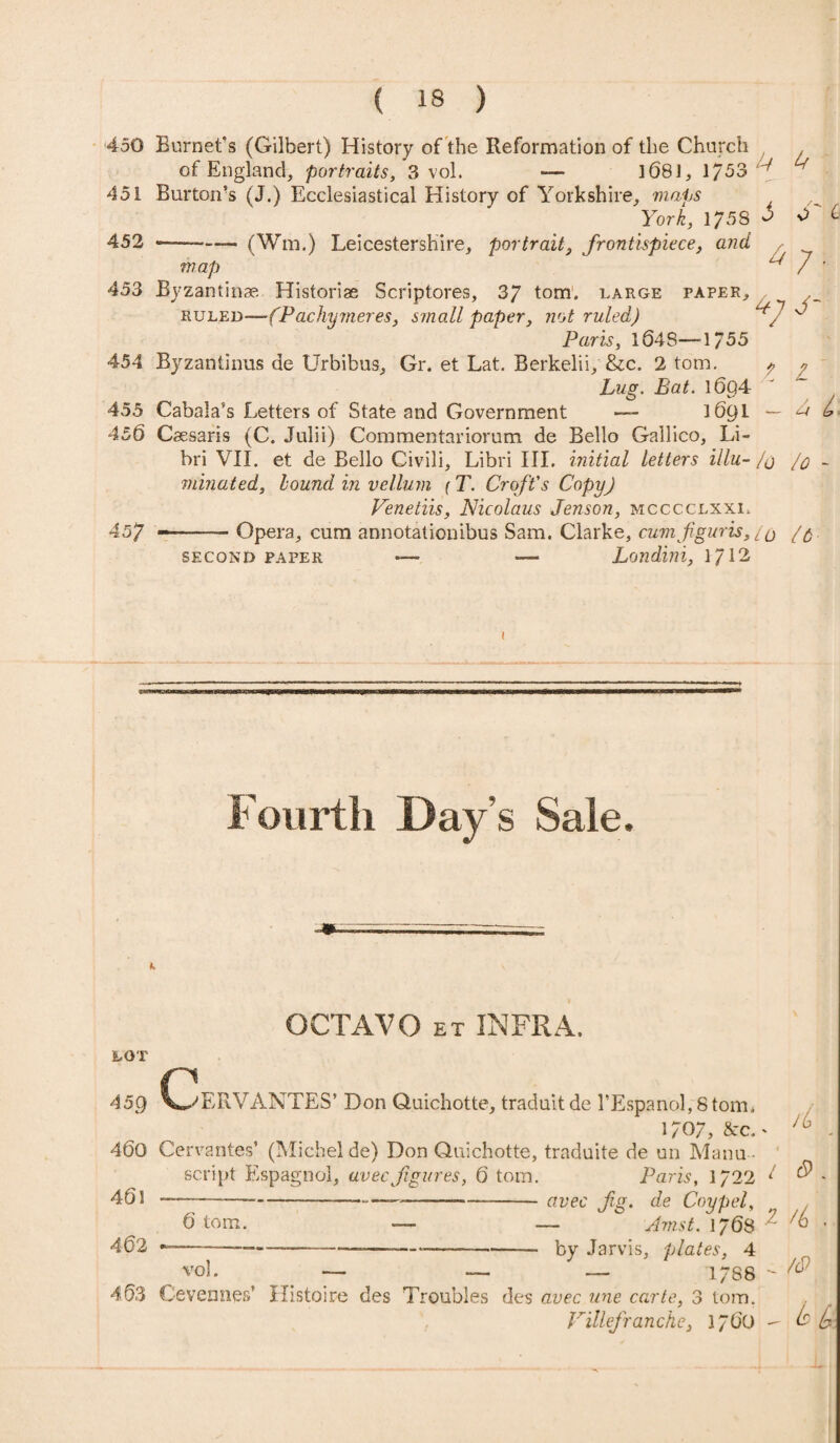 450 Burnet's (Gilbert) History of the Reformation of the Church , of England, portraits, 3 vol. — 1681, 1/53 y ^ 451 Burton’s (J.) Ecclesiastical History of Yorkshire, maps York, 1758 S O'i 452 map (Win.) Leicestershire, portrait, frontispiece, and ^ ^ 453 Byzantinae Historiae Scriptores, 37 tom. large paper, ruleY)—~fPachymeres, small paper, not ruled) y ^ Paris, 164S—=1/55 454 Ryzantinus de Urbibus, Gr. et Lat. Berkelii, &c. 2 tom. * * Lug. Bat. 1694 ' 455 Cabala’s Letters of State and Government — 1691 — 4 456 Caesaris (C. Julii) Commentariorum de Bello Gallico, Li- bri VII. et de Bello Civili, Libri III. initial letters illu- /a /q - minuted, hound in vellum {T. Croft's Copy) Venetiis, Nicolaus Jenson, mcccclxxl 457 —— Opera, cum annotationibus Sam. Clarke, cumfguris, /$. second paper — Londini, 1/12 Fourth Days Sale. OCTAVO et INFRA. LOT 459 G2ERVANTES’ Don Quichotte, traduit de l’Espanol, 8tom* 1707, &c.* ^ . 460 Cervantes’ (Michel de) Don Quichotte, traduite de un Manu ¬ script Espagnol, avec figures, 6 tom. Paris, 1722 ^ ^ - 4Q1 —-—-— —-—-avec fig. de Coypel, 0 tom. — — Amst. 1768 2 • 462 — -----—-—-—--- by Jarvis, plates, 4 ^ vol. — — — 17S8  /o9 403 Cevennes* Histoire des Troubles des avec une carte, 3 tom. Villefranche, 17OO — k b