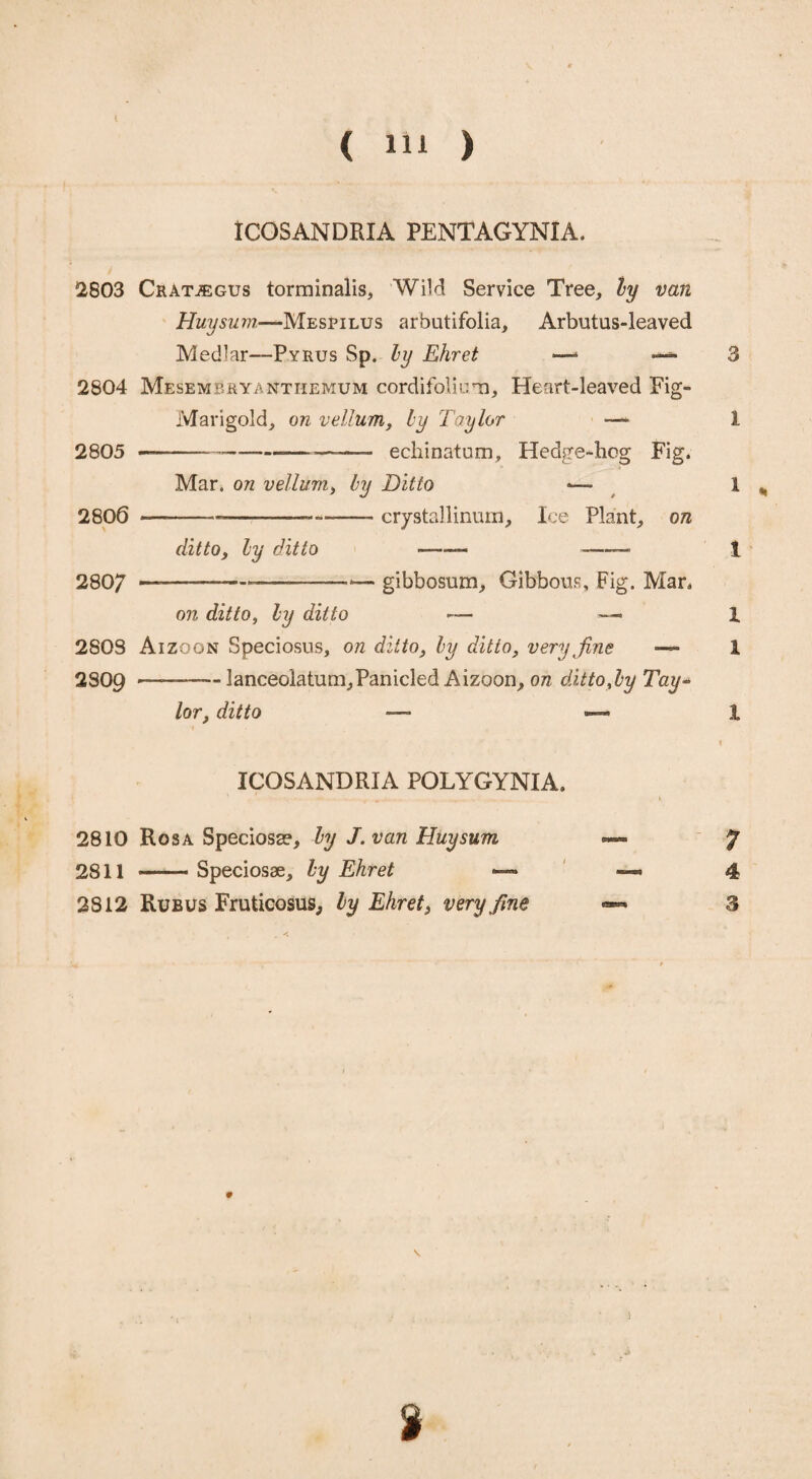 ( 111 ) ICOSANDRIA PENTAGYNIA. 2803 Crataegus torminalis, Wild Service Tree, ly van Huy sum—Mespilus arbutifolia, Arbutus-leaved Medlar—Pyrus Sp. ly Ehret —■* —3 2804 Mesembryantiiemum cordifoliim, Heart-leaved Fig- Marigold, on vellum, by Taylor —* I 2805 —....—-- echinatum. Hedge-hog Fig. Mar. on vellum, by Ditto *—> X * 2806 ---—--crystallinurn. Ice Plant, on ditto, by ditto —-- 1 2807 ————--—4— gibbosum. Gibbous, Fig. Man on ditto, by ditto — — I 2S0S Aizoon Speciosus, on ditto, by ditto, very fine — 1 2809 •—-lanceolatum,Panicled Aizoon, on dittofiy Tay~ lor, — — 1 ICOSANDRIA POLYGYNIA. 2810 Rosa Speciosa?, by J.van Huy sum — 7 2811 —— Speciosae, by Ehret •— 4 2812 Rubus Fruticosus, by Ehrets very fine — 3