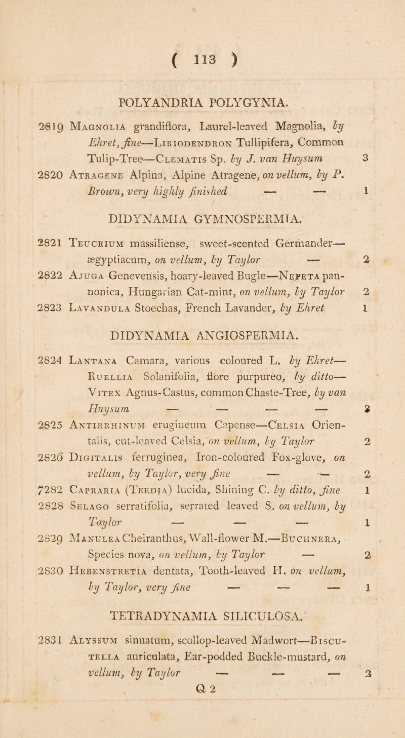 POLYANDRIA POLYGYNIA. 2619 Magnolia grandiflora, Laurel-leaved Magnolia-, by Ehret, fine—Liriodendrqn Tullipifera, Common Tulip-Tree—Clematis Sp. ly J. van Huy sum 3 2820 Atragene Alpina, Alpine Atragene, on vellum, by P. Brown, very highly finished — — 1 DIDYNAMIA GYMNOSPERMTA. 2821 Teucrium massiliense, sweet-scented Germander— aegyptiacum, on vellum, ly Taylor — 2 2822 Ajuga Genevensis, hoary-leaved Bugle—NE.PETApan- nonica, Hungarian Cat-mint, on vellum, ly Taylor 2 2823 Lavandula Stoechas, French Lavander, ly Ehret 1 DIDYNAMIA ANGIOSPERMIA. 2824 Lantana Camara, various coloured L. ly Ehret— Ruellia Solanifolia, flore purpureo, ly ditto—- Vitex Agnus-Castus, commonChaste-Tree, lyvan Huy sum, — — — — % 2825 Antirrhinum erugineum Capense—Celsia Orien¬ tal is, cut-leaved Celsia, on vellum, ly Taylor 2 2826 Digitalis ferruginea. Iron-coloured Fox-glove, on vellum, ly Taylor, very Jine — — 2 7282 Capraria (Teedia) lucida. Shining C. ly ditto, fine 1 2828 Selago serratifolia, serrated leaved S. on vellum, ly Taylor — — — 1 2829 Manulea Cheiranthus, Wall-flower M.—Buchnera, Species nova, on vellum, ly Taylor — 2 2830 Hebenstretia dentata. Tooth-leaved FI. on vellum,, ly Taylor, very fine — — — 1 TETRADYNAMIA SILICULOSA.' 2831 Alyssum sinuatum, scollop-leaved Madwort—Biscu- tella auriculata. Ear-podded Buckle-mustard, on vellum, by Taylor — — — 2 a 2