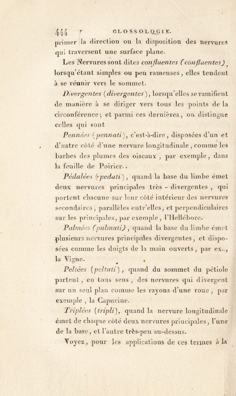 primer la direction ou la disposition des nervures qui traversent une surface plane. Les Nervures sont dites confluentes C confluentes J ^ lorsqu’étant simples ou peu rameuses, elles tendent à se réunir vers le sommet. Divergentes {divergentes) y lorsqu’elles se ramifient de manière à se diriger vers tous les points de la circonférence*, et parmi ces dernières, on distingue celles qui sont Pennées {pennati)y c’est-à-dire, disposées d’un et d’autre côté d’une nervure longitudinale , comme les barbes des plumes des oiseaux , par exemple , dans la feuille de Poirier. » Pédalées {*pedati) y quand la base du limbe émet deux nervures principales très - divergentes , qui portent cliacune sur leur côté intérieur des nervures secondaires, parallèles entr’elles, et perpendiculaires sur les principales, par exemple , riiellébore. Palmées (palmati) , quand la base du limbe émet plusieurs nervures principales divergentes, et dispo- sées comme les doigts de la main ouverts, par ex.., la Vigne. , Peltées [peltati] y quand du sommet du pétiole partent, en tous sens, des nervures qui divergent sur un seul plan comme les rayons d’une roue , par exemple , la Capucine. Triplées [tripli)y quand la nervure longitudinale émet de chaque côté deux nervures principales, l’une de la base, et l’autre très-peu au-dessus. Voyez, pour les applications de ces ternies à la