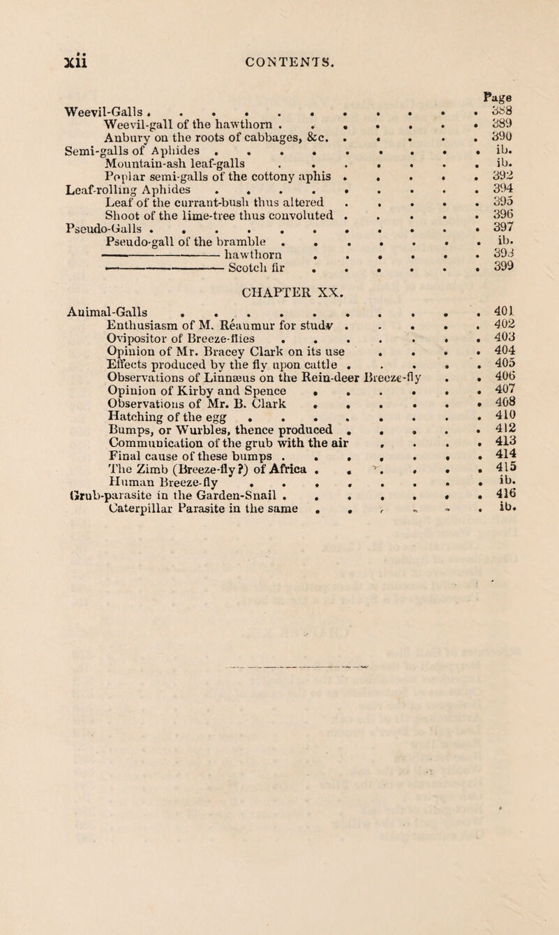 Page Weevil-Galls ...... • « • • • 3S8 Weevil-gall of the hawthorn . . • • • • • 389 Anbury on the roots of cabbages, &c. • « • * • 390 Semi-galls of Aphides .... Muuntain-ash leaf-galls • • ib* Poplar semi-galls of the cottony aphis » • • • • 392 Leaf-rolling Aphides .... • • 394 Leaf of the currant-bush thus altered • • 395 Shoot of the lime-tree thus convoluted • • • 396 Pseudo-Galls ...... • • • • 397 Pseudo-gall of the bramble . . • • • • • ib. —— -hawthorn . • • • • • 393 1—-Scotch fir . • • • • • 399 CHAPTER XX. Auimal-Galls. Enthusiasm of M. Reaumur for study . Ovipositor of Breeze-flies . , Opinion of Mr. Bracey Clark on its use Effects produced by the fly ai)on cattle . Observations of Linnaeus on the Rein-deer Bieoze-dy Opinion of Kirby and Spence • . Observations of Mr. B. Clark « . Hatching of the egg .... Bumps, or Wurbles, thence produced . Communication of the grub with the air Final cause of these bumps . . . The Zimb (Breeze-fly ?) of Africa . . Human Breeze-fly .... (»rub-parasite in the Garden-Snail . . . . 401 . 402 . 403 . 404 . 405 . 406 . 407 . 408 . 410 . 412 . 413 . 414 . 415 . ib. . 416