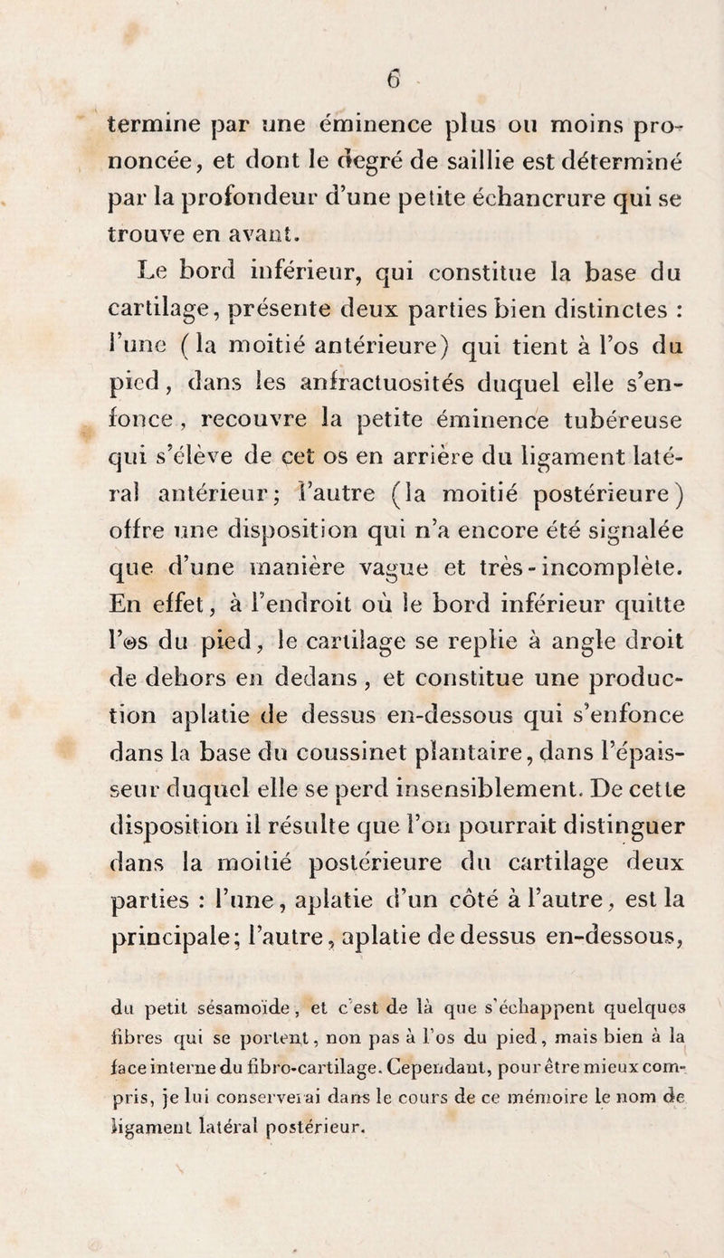 termine par une éminence plus ou moins pro¬ noncée, et dont le degré de saillie est déterminé par la profondeur d’une petite échancrure qui se trouve en avant. Le bord inférieur, qui constitue la base du cartilage, présente deux parties bien distinctes : l’une (la moitié antérieure) qui tient à l’os du pied, dans les anfractuosités duquel elle s’en¬ fonce , recouvre la petite éminence tubéreuse qui s’élève de cet os en arrière du ligament laté¬ ral antérieur; l’autre (la moitié postérieure) offre une disposition qui n’a encore été signalée que d’une manière vague et très - incomplète. En effet, à l’endroit où le bord inférieur quitte l’es du pied, le cartilage se replie à angle droit de dehors en dedans , et constitue une produc¬ tion aplatie de dessus en-dessous qui s’enfonce dans la base du coussinet plantaire, dans l’épais¬ seur duquel elle se perd insensiblement. De cette disposition il résulte que l’on pourrait distinguer dans la moitié postérieure du cartilage deux parties : l’une, aplatie d’un côté à l’autre, est la principale; l’autre, aplatie de dessus en-dessous, du petit sésamoïde , et c est de là que s’échappent quelques fibres qui se portent, non pas à l’os du pied, mais bien à la face interne du fibro-cartilage. Cependant, pour être mieux com¬ pris, je lui conserverai dans le cours de ce mémoire le nom de ligament latéral postérieur.