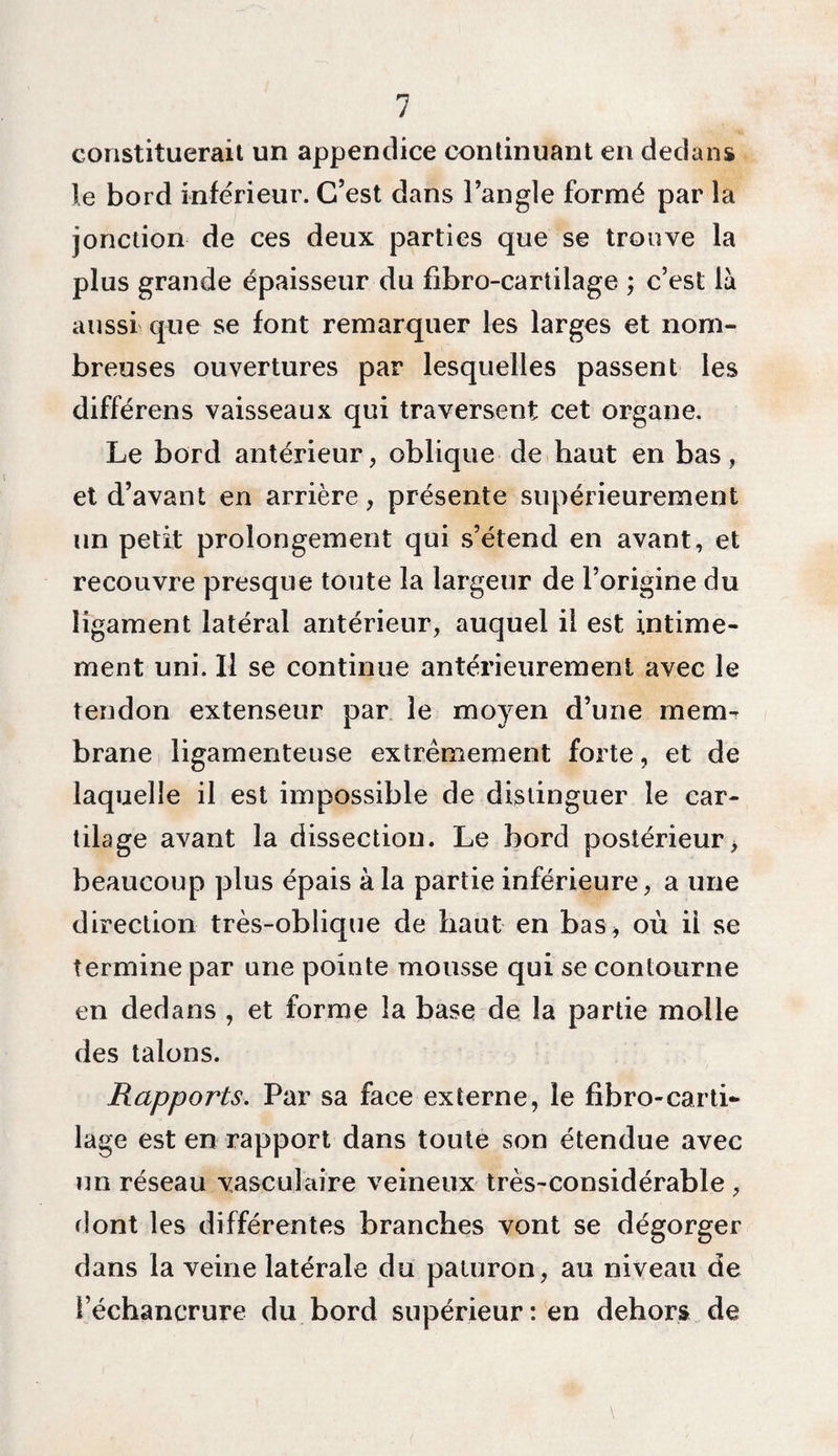 constituerait un appendice continuant en dedans le bord inférieur. C’est dans l’angle formé par la jonction de ces deux parties que se trouve la plus grande épaisseur du fibro-cartilage ; c’est là aussi que se font remarquer les larges et nom¬ breuses ouvertures par lesquelles passent les différens vaisseaux qui traversent cet organe. Le bord antérieur, oblique de haut en bas, et d’avant en arrière, présente supérieurement un petit prolongement qui s’étend en avant, et recouvre presque toute la largeur de l’origine du ligament latéral antérieur, auquel il est intime¬ ment uni. Il se continue antérieurement avec le tendon extenseur par le moyen d’une mem¬ brane ligamenteuse extrêmement forte, et de laquelle il est impossible de distinguer le car¬ tilage avant la dissection. Le bord postérieur, beaucoup plus épais à la partie inférieure, a une direction très-oblique de haut en bas, où il se termine par une pointe mousse qui se contourne en dedans , et forme la base de la partie molle des talons. Rapports. Par sa face externe, le fibro-carti- lage est en rapport dans toute son étendue avec un réseau vasculaire veineux très-considérable , rlont les différentes branches vont se dégorger dans la veine latérale du paturon, au niveau de l échancrure du bord supérieur : en dehors de