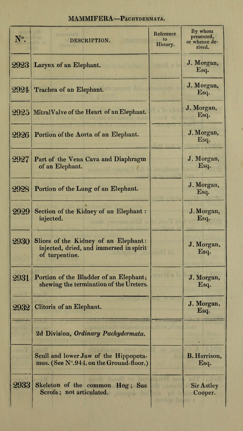 N°. DESCRIPTION. Reference to History. By whom 1 presented, or whence de- rived. 2923 Larynx of an Elephant. J. Morgan, Esq. 2924 Trachea of an Elephant. J. Morgan, Esq. 2925 MitralValve of the Heart of an Elephant. J. Morgan, Esq. 2926 Portion of the Aorta of an Elephant. J. Morgan, Esq. 2927 Part of the Vena Cava and Diaphragm of an Elephant. J. Morgan, Esq. 2928 Portion of the Lung of an Elephant. J. Morgan, Esq. 2929 Section of the Kidney of an Elephant : injected. J. Morgan, Esq. 2930 Slices of the Kidney of an Elephant: injected, dried, and immersed inspirit of turpentine. J. Morgan, Esq. 2931 Portion of the Bladder of an Elephant; shewing the termination of the Ureters. J. Morgan, Esq. 2932 Clitoris of an Elephant. J. Morgan, Esq. ‘2d Division, Ordinary Pachydermata. Scull and lower Jaw of the Hippopota- mus. (See N°.944, on the Ground-floor.) B. Harrison, Esq. 2933 Skeleton of the common Hog; Sus Scrofa; not articulated. Sir Astley Cooper.