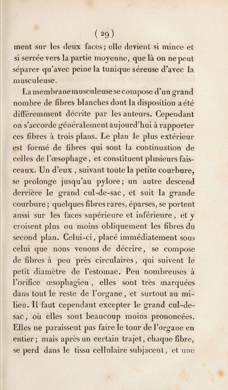 ment sur les deux faces; elle devient si mince et si serrée vers la partie moyenne, que là on ne peut séparer qu’avec peine la tunique séreuse d’avec la musculeusCv La membrane musculeuse se compose d’un grand nombre de fibres blanches dont la disposition a été différemment décrite par les auteurs. Cependant on s’accorde généralement aujourd’hui à rapporter ces fibres à trois plans. Le plan le plus extérieur est formé de fibres qui sont la continuation de ' celles de l’œsophage, et constituent plusieurs fais¬ ceaux. Un d’eux , suivant toute la petite courbure, se prolonge jusqu’au pylore; un autre descend derrière le grand cul-de-sac, et suit la grande courbure ; quelques fibres rares, éparses, se portent aussi sur les faces supérieure et inférieure, et y croisent plus ou moins obliquement les fibres du second plan. Celui-ci, placé immédiatement sous celui que nous venons de décrire, se compose de fibres à peu près circulaires, qui suivent le petit diamètre de l’estomac. Peu nombreuses à l’orifice œsophagien , elles sont très marquées dans tout le reste de l’organe, et surtout au mi¬ lieu. Il faut cependant excepter le grand cul-de- sac, où elles sont beaucoup moins prononcées. Elles ne paraissent pas faire le tour de l’organe en entier; mais après un certain trajet, chaque fibre, se perd dans le tissu cellulaire sîdqacent, et une