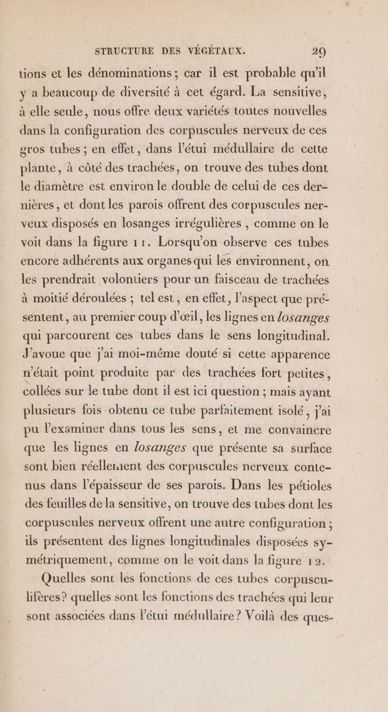 tions et les dénominations ; car il est probable qu'il y a beaucoup de diversité à cet égard. La sensitive, à elle seule, nous offre deux variétés toutes nouvelles dans la configuration des corpuscules nerveux de ces gros tubes ; en effet, dans l’étui médullaire de cette plante, à côté des trachées, on trouve des tubes dont le diamètre est environ le double de celui de ces der- nières , et dont les parois offrent des corpuscules ner- veux disposés en losanges irrégulières , comme on le voit dans la figure 11. Lorsqu'on observe ces tubes encore adhérents aux organes qui les environnent, on les prendrait volontiers pour un faisceau de trachées à moitié déroulées ; tel est, en effet, l'aspect que pré- sentent, au premier coup d'œil, les lignes en /osanges qui parcourent ces tubes dans le sens longitudinal. J'avoue que j'ai moi-même douté si cette apparence m'était point produite par des trachées fort petites, collées sur le tube dont il est ici question ; mais ayant plusieurs fois obtenu ce tube parfaitement isolé, j'ai pu l’examiner dans tous les sens, et me convaincre que les lignes en losanges que présente sa surface sont bien réellement des corpuscules nerveux conte- nus dans l'épaisseur de ses parois. Dans les pétioles des feuilles de la sensitive, on trouve des tubes dont les corpuscules nerveux offrent une autre configuration ; ils présentent des lignes longitudinales disposées sy- métriquement, comme on le voit dans la figure 1 2. Quelles sont les fonctions de ces tubes corpuscu- lifères? quelles sont les fonctions des trachées qui leur sont associées dans l’étui médullaire ? Voilà des ques-