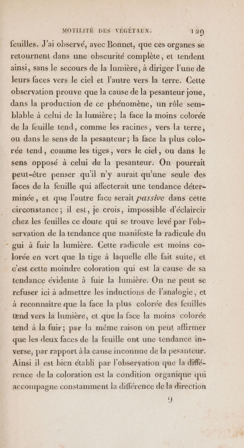 feuilles. J'ai observé, ayec Bonnet, que ces organes se retournent dans une obscurité complète, et tendent ainsi, sans le secours de la lumière, à diriger l’une de leurs faces vers le ciel et l’autre vers la terre. Cette observation prouve que la cause de la pesanteur joue, dans la production de ce phénomène, un rôle sem- blable à celui de la lumière; la face la moins colorée de la feuille tend, comme les racines, vers la terre, ou dans le sens de la pesanteur ; la face la plus colo- rée tend, comme les tiges, vers le ciel, ou dans le sens opposé à celui de la pesanteur. On pourrait peut-être penser quil ny aurait qu'une seule des faces de la feuille qui affecterait une tendance déter- minée , et que l’autre face serait passive dans cêtte circonstance; il est, je crois, impossible d’éclaircir chez les feuilles ce doute qui se trouve levé par l'ob- servation de la tendance que manifeste la radicule du gui à fuir la lumière. Cette radicule est moins co- lorée en vert que la tige à laquelle elle fait suite, et c'est cette moindre coloration qui est la cause de sa tendance évidente à fuir la lumière. On ne peut se refuser ici à admettre les inductions de l’analogie, et à reconnaître que la face la plus colorée des feuilles ænd vers la lumière, et que la face la moins colorée tend à la fuir; par la même raison 6n peut affirmer que les deux faces de la feuille ont une tendance in- verse, par rapport à la cause inconnue de la pesanteur. Ainsi il est bien établi par l'observation que la diffé- rence de la coloration est la condition organique qui accompagne constamment la différence de la direction 9