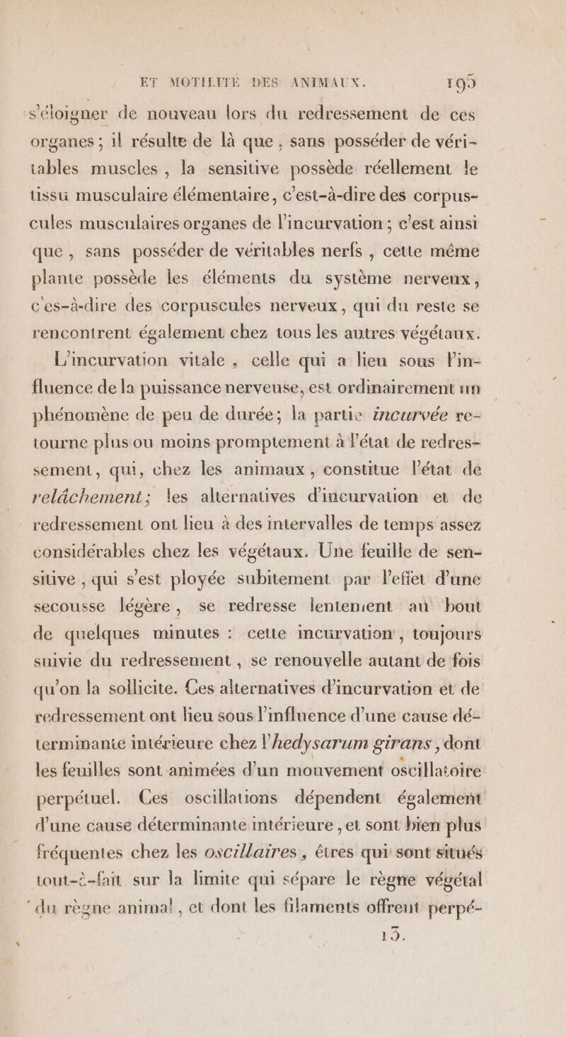 s'éloigner de nouveau lors du redressement de ces organes ; il résulte de là que , sans posséder de véri- tables muscles , la sensitive possède réellement le ussu musculaire élémentaire, c'est-à-dire des corpus- cules musculaires organes de lincurvation ; c’est ainsi que , sans posséder de véritables nerfs , cette même plante possède les éléments du système nerveux, ces-à-dire des corpuscules nerveux, qui du reste se rencontrent également chez tous les autres végétaux. L'incurvation vitale , celle qui a lieu sous lin- fluence de la puissance nerveuse, est ordinairement un phénomène de peu de durée; la partie incurvée re- tourne plus ou moins promptement à l'état de redres- sement, qui, chez les animaux, constitue l’état de relächement; les aliernauüves d'incurvation et de redressement ont lieu à des intervalles de temps assez considérables chez les végétaux. Une feuille de sen- siuve , qui s'est ployée subitement par lefiet d'une secousse légère, se redresse lentenient an bout de quelques minutes : cette incurvation , toujours suivie du redressement , se renouvelle autant de fois qu’on la sollicite. Ces alternatives d’incurvation et de redressement ont lieu sous l'influence d’une cause dé- terminante intérieure chez l hedysarum girans, dont les feuilles sont animées d’un mouvement oscillatoire perpétuel. Ces oscillations dépendent également d’une cause déterminante intérieure , et sont bien plus fréquentes chez les oscillaires , êtres qui sont situés toui-i-fait sur la limite qui sépare le règne végétal ‘du règne anima! , et dont les filaments offrent perpé- 19.