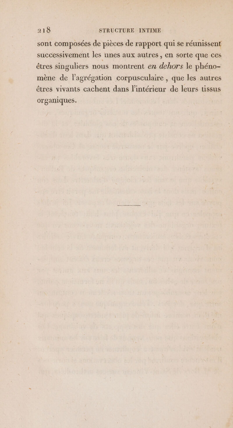 sont composées de pièces de rapport qui $e réunissent successivement les unes aux autres , en sorte que ces êtres singuliers nous montrent ex dehors le phéno- mène de l'agrégation corpusculaire , que les autres êtres vivants cachent dans l’intérieur de leurs üssus organiques.
