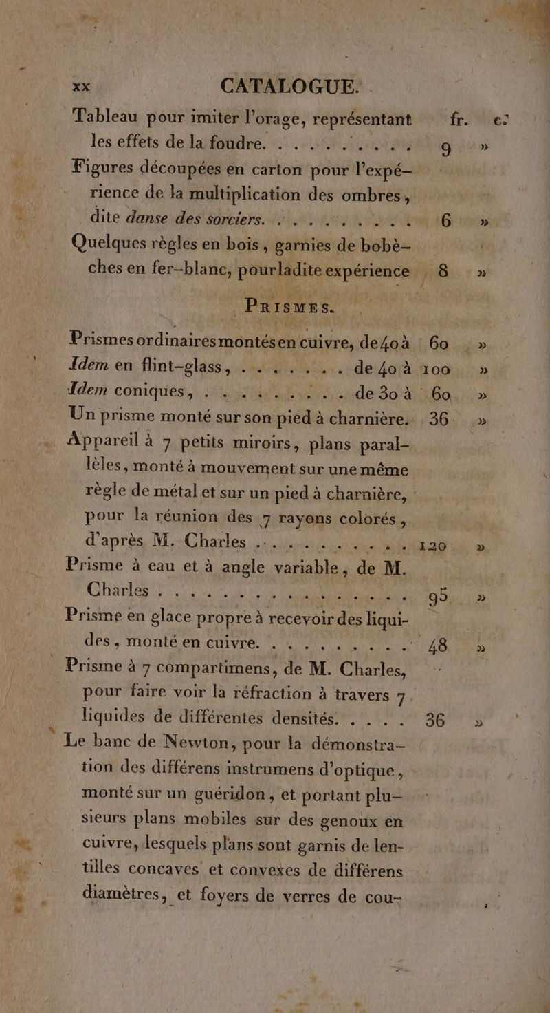 Tableau pour imiter l'orage, représentant les effets de la foudre. . . . . .. . .. Figures découpées en carton pour l’expé- rience de la multiplication des ombres dite danse des ME TS tou Lo ie Quelques r ègles en bois, garnies de bobè- Prismrs s. v has Prismes Par montésen cuivre, desoà {dem en flint-glass, . . . . . . . de 4o à dem coniques.; fu Ur «de3oà Un prisme monté sur son pied à charnière. Appareil à 7 petits miroirs, plans paral- lèles, monté à mouvement sur une même pour la réunion des 7 rayons colorés , d'après M,-Charles. nds A Prisme à eau et à angle variable , de M. Charles e » e e 0 e e 0 e CE: e e 02 e e Prisme en glace propre à recevoir des liqui- Prisme à 7 compartimens, de M. Charles, liquides de différentes densités. . . . . tion des différens instrumens d’optique, monté sur un guéridon, et portant plu- sieurs plans mobiles sur des genoux en cuivre, lesquels plans sont garnis de len- tilles concaves et convexes de différens diamètres, et foyers de verres de cou- 6o 36. 120 36 » » » » 2 2»