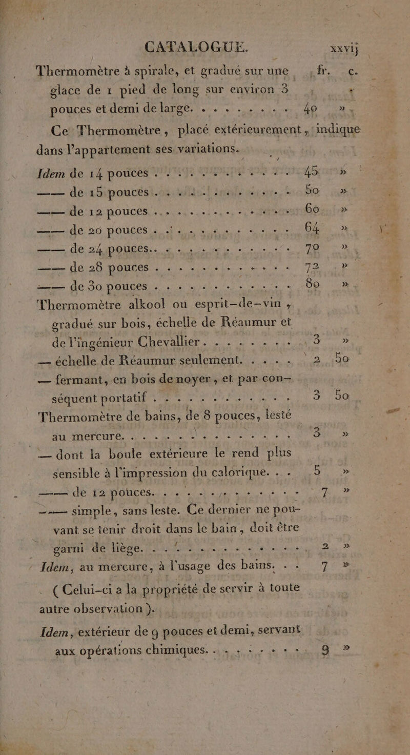 Thermomètre à spirale, et gradué surune fr. c. glace de 1 pied de long sur environ 3 + pouces et demi delarge. . . . . . . . . 40 oo», Ce Thermomètre, placé extérieurement , indique dans l'appartement ses variations. PP Idem de 14 pouces 47 Rene 4 ss = de sipoucést.as fol ane aise À bo —— de 12 pouces ... ... ...,.,. + Go. » 2 de 26 pouces hope. ee) 20, à —— de 24 pouces. +... . +: + 70 ? dote Je SE MAUEAP Ie 4 Apr sm. Ta PE rate de ARNO du 7 80 » Thermomètre alkool où esprit-de-vin , gradué sur bois, échelle de Réaumur et de l'ingénieur Chevallier. . . . . . . . 3 » — échelle de Réaumur seulement. . . . . 2 20 — fermant, en bois denoyer, et par con- ©» JT séquent portatif . : + . . . 0. . + . . Thermomètre de bains, de 8 pouces, lésté TOR TT ES Ce Rte UMR PONS 4e RE sensible à l'i impression du calorique. . . D » TE foponpess He Sn SU CR > _— simple, sans leste. Ce dermier ne pou- vant se tenir droit dans le bain, doit être Bainis dé Mépe. RE SR. . edge ae, 2 » Idem, au mercure, à l'usage des bains. . : 7 » ( Celui-ci a la propriété de servir à toute autre observation ). Idem, extérieur de 9 pouces et demi, servant aux opérations chimiques. ... . +. + + +, 9 »