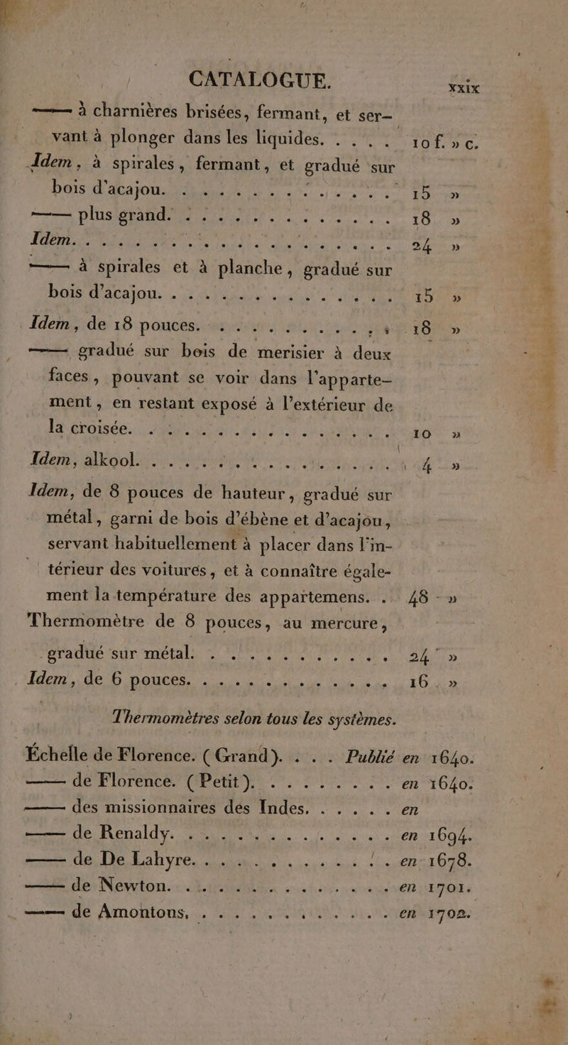—— à charnières brisées, fermant, et ser ! MO TOR A Pre à 0 dre imbngrennt à A D ASS AMEL Ur 18 PR EE RAR Nine duos re — DU —— à spirales et à planche, gradué sur Dos GACalos RUE. te ANNEE Îder/ide: 18 poncéssetivgis in a ASE te —— gradué sur beis de merisier à deux faces, pouvant se voir dans l'apparte- ment, en restant exposé à l’extérieur de It éroisée., En UT 4 de cube ce Her ARGob eme <a Idem, de 8 pouces de hauteur, gradué sur métal, garni de bois d’ébène et d’acajou, servant habituellement à placer dans l'in- térieur des voiturés, et à connaître égale- Thermomètre de 8 pouces, au mercure, Thermomètres selon tous les systèmes. Échelle de Florence. ( Grand}. . . . Publié en —— des missionnaires des Indes, . . . . . en XxXIxX .» Ce » » » £ 4 » Li » 2 £: » 3» D] 2» >» 1640. 1640.