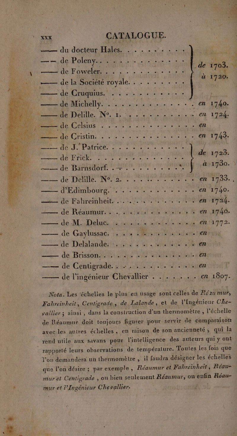 du docteur Hales. . . . . . - . . . de Polenents sn. “he PORTE SR 2: A à num de la Société royale. A PV U AR EN TT 4°. 1788 —— de Cruquius. A te EU | de Michelly. . UNE HR ele le «+ RAS MORE No A DS 1724. NU =— de Celsius . .. . . - . . . . . . . . en D Cnstin. 40 . 4) nu Lee enr. SR PE LO ES D Me le ce so te GEL E de Frick. NULS IN et er AS) le lient 'e e the teur ce ns He DALUIUOEL 277000 LME Dh 0e DENIS NU PC RONONEES ER S: — = D'ÉMIMPOUFE, 10 0e ne EN PEN NER Eee 4 'de Falremheits 1.20 eme Semen de Réaumur: 2. écart Nha & en amd. de M .:Deluts le dns niet ft ttreudé 681177 2: —— de Gaylussac. : . + : 4 4.4.0 = 'de Delalande has SU. MT een de Brisson. . Merde RS a EURE ta RÉTR —— de Centigrade. : +... ... . . . en —— de l'ingénieur Chevallier . . . . . . . en 1807. Nota. Les ‘échelles le plus en usage sont celles de Rézu mur, Fahreinheit, Centigrade., de, Lalande, et de l'Ingénieur C'Ae- vailier ; ainsi, dans la construction d'un thermomètre , l'échelle de Réaumur doit toujours figurer pour servir de comparaison avec les autres échelles, en raison de son ancienneté, qui la rend utile aux savans pour l'intelligence des auteurs qui y ont rapporté leurs observations de température. Toutes les fois que que l’on désire ; par exemple, Réaumur et Fahreinheit, Réau- mur et Centigrade , où bien seulement Réaumur, ou enfin Réau- mur et l’Ingénieur Che vallier. dns