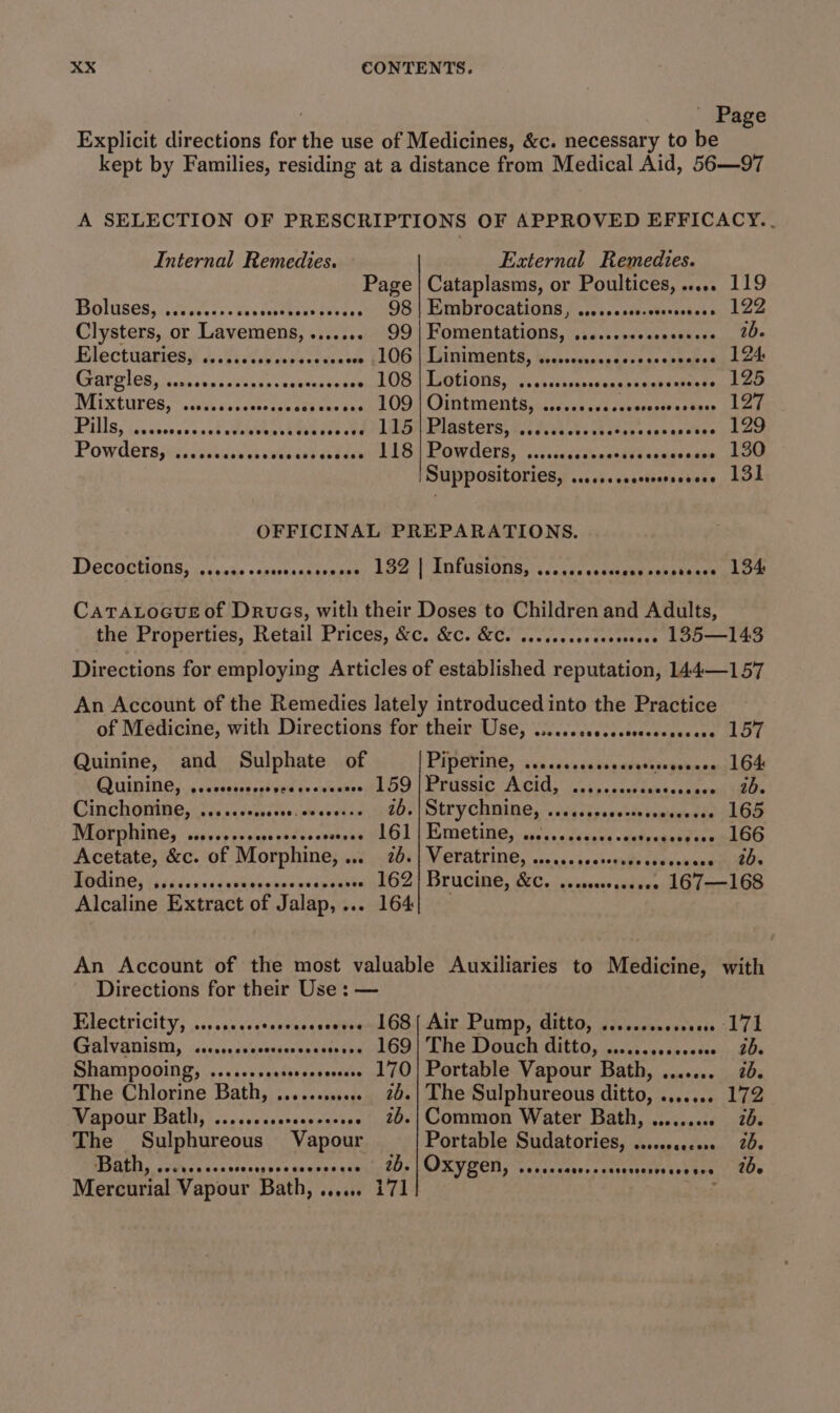 ' Page Explicit directions for the use of Medicines, &amp;c. necessary to be kept by Families, residing at a distance from Medical Aid, 56—97 A SELECTION OF PRESCRIPTIONS OF APPROVED EFFICACY. . Internal Remedies. External Remedies. Page | Cataplasms, or Poultices,..... 119 Bolises)..cvacucs&lt; bas desteasceeenss 98 | Embrocations, .coccccce-ceeeee Ae heey 744 Clysters, or Lavemens, ....... 99 | Fomentations, .......+ onpnesiese 1b. Electuaries, ....... AAMAS ee 106.) Timing ents, wicrceercectorscs sehapet yd oe aT led casnive scvnap acess enh OB} LSOTI OUR, 5. oh cs sapaenaesanabs ian eect ee WEIXCULES, ss cakhaareee te Satitie sigh Oa WJIDIMCRER Ce ck eesiias tate Chee Pills, icccoansencd odele chine kguadcs pda Men PRIGRCODS: Git ach tasks ona ancine aan Powders, eeeeeeseeeeeeese eee eeeeee 118 Powders, ecosseseeveaeteoca eee eee eee 130 Suppositories, .....csecccesesoee LBL OFFICINAL PREPARATIONS. DeCOCHONS i) scene saprcsesacvapeds AAPe | LOLUSIONS, sccadecsacauacesbiiaane aboe CaTALocuse of Druas, with their Doses to Children and Adults, the Properties, Retail Prices, &amp;c. &amp;C. &amp;C. ....seseceeverreee LB5—143 Directions for employing Articles of established reputation, 144—157 An Account of the Remedies lately introduced into the Practice of Medicine, with Directions for their Use, ......sescesssesesseeeee LST Quinine, and Sulphate of PIDCTING, sd ciseicinsarptoreasedl OF CUININEY. ¢ sepeeies o8yed ee cokalp HAD | CEUESIC (ACIO, V0 3 Wakenk s scnaih 130 e Cinch onine,: 240 cuvesescee ee condae tikOr sirycnminey ss ayssvedeemwocie 165 Morphine, ......-.000ressoeeveeee 161 | Emetine, Fe eI LS Acetate, &amp;c. of Morphine, ... 16. Veratrine, ... FR Tee GRRE BF BOAO 15 fs tiavedewieeetesen iiss 162] Brucine, ah rhe 167—168 Alcaline Extract of Jalap,... 164 An Account of the most valuable Auxiliaries to Medicine, with Directions for their Use: — Electricity, .....0.0 ssoesseseveee168{ Air. Pump, ditto, .. Ae ee es | Galvanism, succccccccsssresseresee 169} The Douch ito anak dnemtaeee 8s Shampooing, .......00 sseevereeee 170} Portable Vapour Bath, eaneni wits The Chlorine Bath, .......... 24.| The Sulphureous ditto, sosceee LZ Vapour Bath, .....ccsecoeseeeeee 25.| Common Water Bath, ......00 20. The Sulphureous Vapour Portable Sear sovceseceons 20. Bath, . sreonpnse conven geuriy fp | IRVECN, Satanssheresstunanhrarntes ey tO Mercurial Vapour Bath, seosie V1 Ses