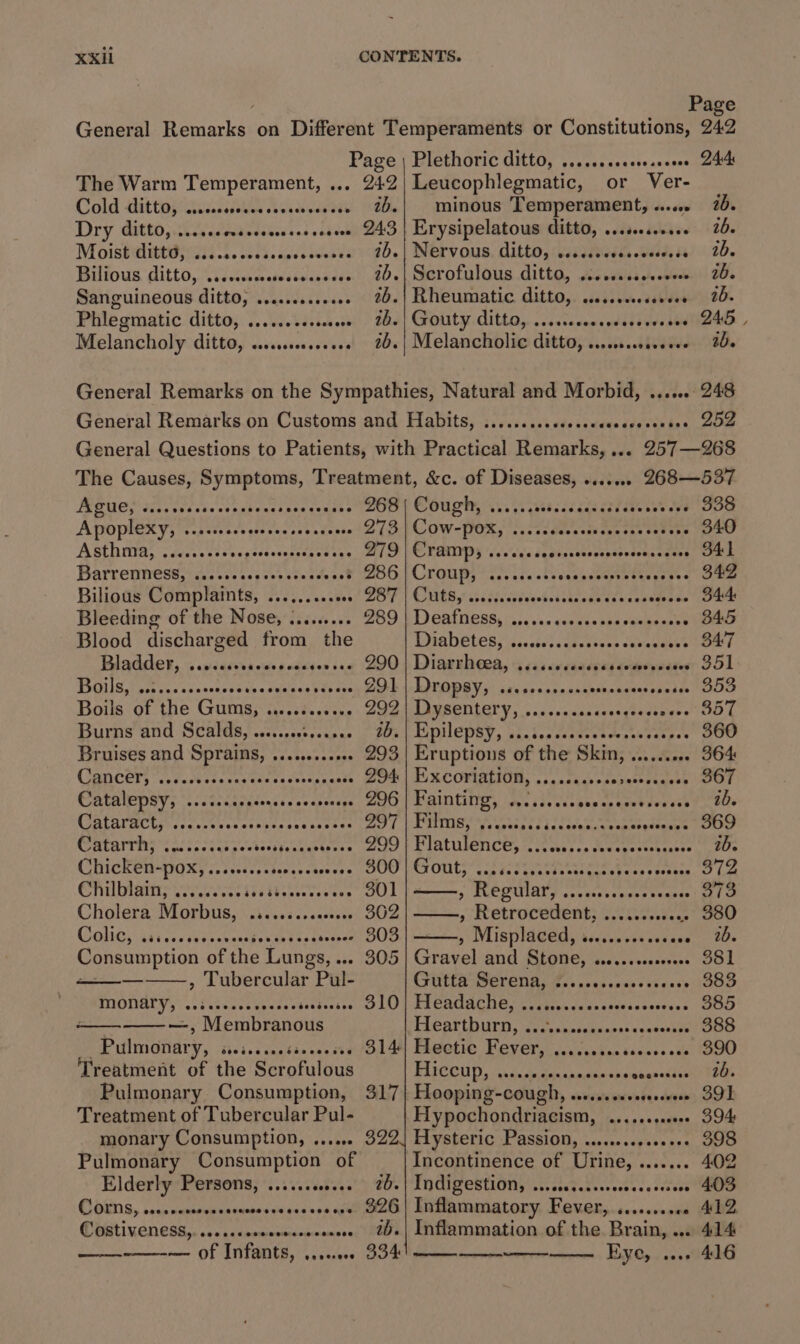 Page General faces on Different Temperaments or Constitutions, 242 Page | Plethoric ditto, ......csceresseee » 244 The Warm Temperament, ... 242) Leucophlegmatic, or Ver- Cold ditto, co. HEY Rk eared 2b.| minous Temperament, ..... 70. Dry ditto, .....ccscscssessescevee 243 | Erysipelatous ditto, ...sercoree 20. Mostalitte sens wo. co 03. desc bolas 76.| Nervous. ditto, vs... hs td ja al2d. Bilfous Pitto, il nwoctestvess 26.| Scrofulaus ditto, oc series ov eves 16. Sanguineous ditto 22 yeaa bused est 2b.| Rheumatic ditto, wecrcccsescee 20. Phlegmatic Gittoy: 1. Weekes) AB2] Golty ditla,. &lt;csdcecacrhtbeare aa 245 , Melancholy ditto, «0000006 26.| Melancholic ditto, w..seecee 20. is. 208 The Causes, Symptoms, Treatment, &amp;c. of Diseases, ....... 268—537 PESUCH ai, bessis ce ppbencshan sents oT OOP | COUR Taos orbs an aean tae se are 338 APOplexy, ..cccoesesereeeceeseeees 273 | COW-POX, .. 0c. ccccceececcns cos ene 340 Asthma, ..ccccceseeees a eecaamena the 279 | Cramp, ; 341 Barrenness, ...sccccecesccceseced P66) Cramiy 227, 12.bs cganestpanthvnsees 342 Bilious Complaints, .........«. 287 | Cuts, .... coccee S44 Bleeding of the Nose, :........ 289 | Deafness, ......ccsccesoesecsccces 345 Blood discharged from the Dsabetes;Gacciosaatetsscs oeneaees 347 Bladder, ..vcacvvacessccceess.6 290} Diavehera, 4 csscvvasseesevereeasr S51 T5Q11S,bisse caw scncavseiescuenesb@oaes ZL | DrOpsy, sca ceccenceccsrcaccas panda Oe Boils of the Gums, elesedeay tng 292| Dysentery,,.....scaccessysessoees GOL Burns and Scalds, ... 2b. | Epilepsy, ....... pepes DOO Bruises and Sprains, . seseseseeeee 293 | Eruptions of the Skin, .: sas oMngs OOS CAnCETs sy tuck ces teagha cceeens esate DOS | FR COFIAEION, oe cckas can pusevacters (DOT CACAIEASY; bs ct2atedeonsss ov ab eatye 296 | Fainting, ..6...... Shetae eawbrvures oy 8. CALE YACES cc uee cues vite sncasntae ToT UeMTTIOt Ay tatend fi ti icekaubea eset ae CORPATTIS eA eect ae iced hcbertae oe PL LALULICTICES Ie teckel oe eenestebaaed nT aus CICKEN-0X;'...s0sceosereestene0e DOO) Crout, Seasieetncesdaasesostan: © Lc CTL rari Serr iss tbe teccs sees 301 Regular), arya geseraras 373 Cholera: Morbus, ° .i:.+&lt;.+.c00s00, 902 | —-—, ‘Retrocedent; ti0.0.. . 380 GONG, a5inssecenwsnepyuen tne cioarss 303 » Misplaced, 1,....+0+ 00 PE peli / Consumption of ne Lunes, 3. 305 Gravel and Stone, so.ceccorereee S81 — , Tubercular Pul- CTRECASETEDA, Foc cons cvses evees's 383 MONALY, .oicsccesveccnsdsedscies 310] Headache, iiss. scccesvssessseoes SOD —, Mshineanoue TRCAPtDUPD, ie cncddhcawscveneselel OES i Pulmonary, Shetea deetanvaneed 314+ Hectic Fever, .....scscssesesese 390 Treatment of the Serpfulous FICCUD ig eens annieks aves ates ib. Pulmonary Consumption, 317} Hooping-cough, .....s.cseswee S91 Treatment of Tubercular Pul- Hypochondriacism, .......00«- 394 monary Consumption, ...... 322) Hysteric Passion, .......00066 398 Pulmonary Consumption of Incontinence of Urine, per hipa 402 Elderly ee seats obsiga’), COs | INCIBERTIONy ssrssteks ocvcsesescocse OO COENS, cues naasecncsrwnressees 326 | Inflammatory Fever, seccsenene ANZ ChGtiveness, Hehe VN ER et ib.| Inflammation of the Brain, ... 414 — of Infants, vs. 334 Eye, .... 416