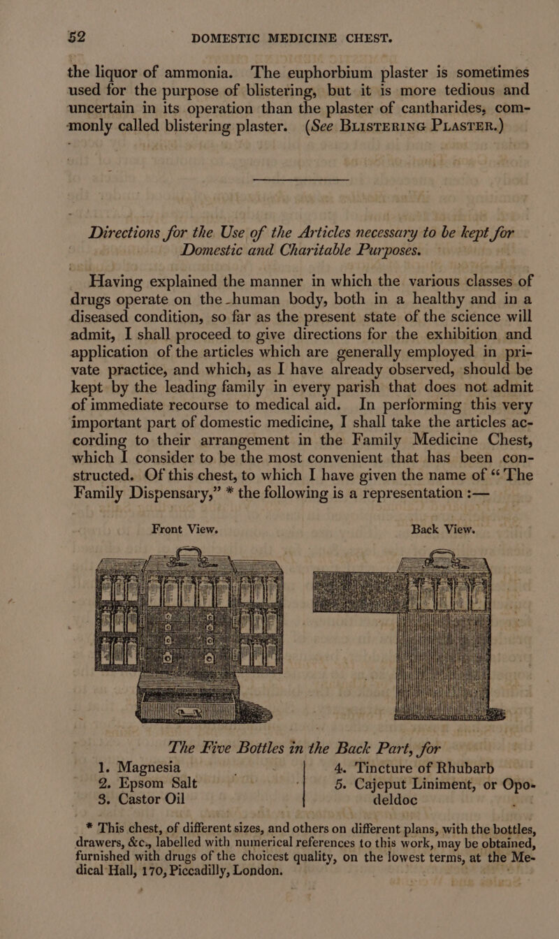 the liquor of ammonia. The euphorbium plaster is sometimes used for the purpose of blistering, but it is more tedious and uncertain in its operation than the plaster of cantharides, com- monly called blistering plaster. (See BListERING PLASTER.) Directions for the Use of the Articles necessary to be kept for Domestic and Charitable Purposes. _ Having explained the manner in which the various classes of drugs operate on the-human body, both in a healthy and in a diseased condition, so far as the present state of the science will admit, I shall proceed to give directions for the exhibition and application of the articles which are generally employed in_pri- vate practice, and which, as I have already observed, should be kept by the leading family in every parish that does not admit of immediate recourse to medical aid. In performing this very important part of domestic medicine, I shall take the articles ac- cording to their arrangement in the Family Medicine Chest, which I consider to be the most convenient that has been con- structed. Of this chest, to which I have given the name of “The Family Dispensary,” * the following is a representation :— Front View. Back View. Nig Ses CUCM AT HE Ee 7 The Five Bottles in the Back Part, for 1. Magnesia 4. Tincture of Rhubarb 2. Epsom Salt 5. Cajeput Liniment, or Opo- 8. Castor Oil deldoc . * This chest, of different sizes, and others on different plans, with the bottles, drawers, &amp;c:, labelled with numerical references to this work, may be obtained, furnished with drugs of the choicest quality, on the lowest terms, at the Me- dical Hall, 170, Piccadilly, London. / OF