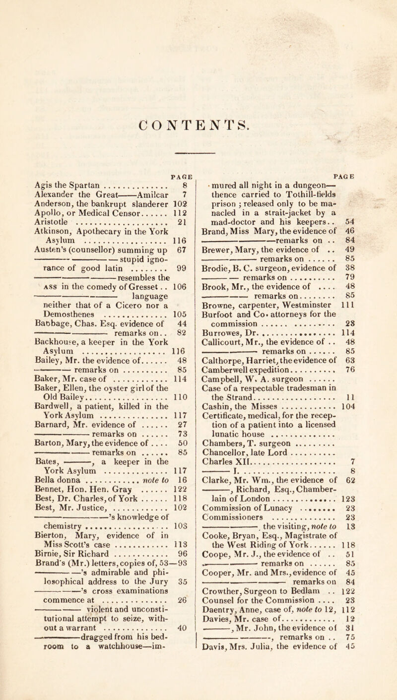 CONTENTS. PAGE Agis the Spartan 8 Alexander the Great——Amilcar 7 Anderson, the bankrupt slanderer 102 Apollo, or Medical Censor 112 Aristotle 21 Atkinson, Apothecary in the York Asylum 116 Austen’s (counsellor) summing up 67 stupid igno- rance of good latin 99 resembles the ass in the comedy of Gresset.. 106 language neither that of a Cicero nor a Demosthenes 105 Baobage, Chas. Esq. evidence of 44 remarks on.. 82 Backhouse, a keeper in the York Asylum 116 Bailey, Mr. the evidence of 48 - - - - — remarks on 85 Baker, Mr. case of 114 Baker, Ellen, the oyster girl of the Old Bailey 110 Bardwell, a patient, killed in the York Asylum 117 Barnard, Mr, evidence of 27 remarks on 73 Barton, Mary, the evidence of .... 50 remarks on 85 Bates, ———, a keeper in the York Asylum 117 Bella donna note to 16 Bennet, Hon. Hen. Gray 122 Best, Dr. Charles, of York 118 Best, Mr. Justice, 102 —— ’s knowledge of chemistry 103 Bierton, Mary, evidence of in Miss Scott’s case 113 Birnie, Sir Richard 96 Brand's (Mr.) letters, copies of, 53—93 ’s admirable and phi- losophical address to the Jury 35 ’s cross examinations commence at 26 violent and unconsti- tutional attempt to seize, with- out a warrant 40 • dragged from his bed- room to a watchhouse—im- PAGE •mured all night in a dungeon—• thence carried to Tothill-iields prison ; released only to be ma- nacled in a strait-jacket by a mad-doctor and his keepers.. 54 Brand, Miss Mary, the evidence of 46 remarks on .. 84 Brewer, Mary, the evidence of .. 49 — remarks on ...... 85 Brodie, B. C. surgeon, evidence of 38 remarks on 79 Brook, Mr., the evidence of .... 48 ... remarks on 85 Browne, carpenter, Westminster 111 Burfoot and Co* attorneys for the commission 28 Burrowes, Dr 114 Callicourt, Mr., the evidence of .. 48 — ——— remarks on 85 Calthorpe, H arriet, the evidence of 63 Camberwell expedition 76 Campbell, W. A. surgeon Case of a respectable tradesman in the Strand 11 Cashin, the Misses 104 Certificate, medical, for the recep- tion of a patient into a licensed lunatic house Chambers, T. surgeon Chancellor, late Lord Charles XII 7 —- I 8 Clarke, Mr. Wm., the evidence of 62 ———, Richard, Esq., Chamber- lain of London 123 Commission of Lunacy 23 Commissioners 23 , the visiting, note to 18 Cooke, Bryan, Esq., Magistrate of the West Riding of York...... 118 Coope, Mr. J., the evidence of .. 51 remarks on 85 Cooper, Mr. and Mrs., evidence of 45 — — remarks on 84 Crowther, Surgeon to Bedlam .. 122 Counsel for the Commission .... 23 Daentry, Anne, case of, note to 12, 112 Davies, Mr. case of 12 • , Mr. John, the evidence of 31 , remarks on .. 75 Davis, Mrs. Julia, the evidence of 45