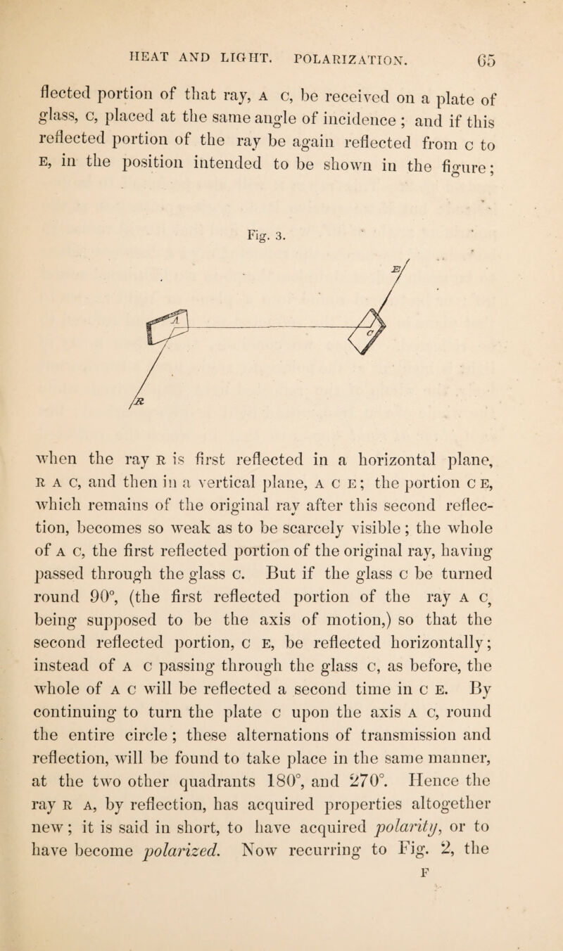 fleeted portion of that raj, a c, be received on a plate of glass, c, placed at the same angle of incidence ; and if this reflected portion of the raj be again reflected from c to e, in the position intended to be shown in the figure ; Fig. 3. when the raj r is first reflected in a horizontal plane, rac, and then in a vertical plane, ace; the portion c e, which remains of the original raj after this second reflec¬ tion, becomes so weak as to be scarcelj visible; the whole of a c, the first reflected portion of the original raj, having passed through the glass c. But if the glass c be turned round 90°, (the first reflected portion of the raj a c9 being supposed to be the axis of motion,) so that the second reflected portion, c e, be reflected horizontallj; instead of a c passing through the glass c, as before, the whole of a c will be reflected a second time in c e. Bj continuing to turn the plate c upon the axis a c, round the entire circle; these alternations of transmission and reflection, will be found to take place in the same manner, at the two other quadrants 180°, and 270°. Hence the raj r a, bj reflection, has acquired properties altogether new; it is said in short, to have acquired polarity, or to have become polarized. Now recurring to Fig. 2, the F