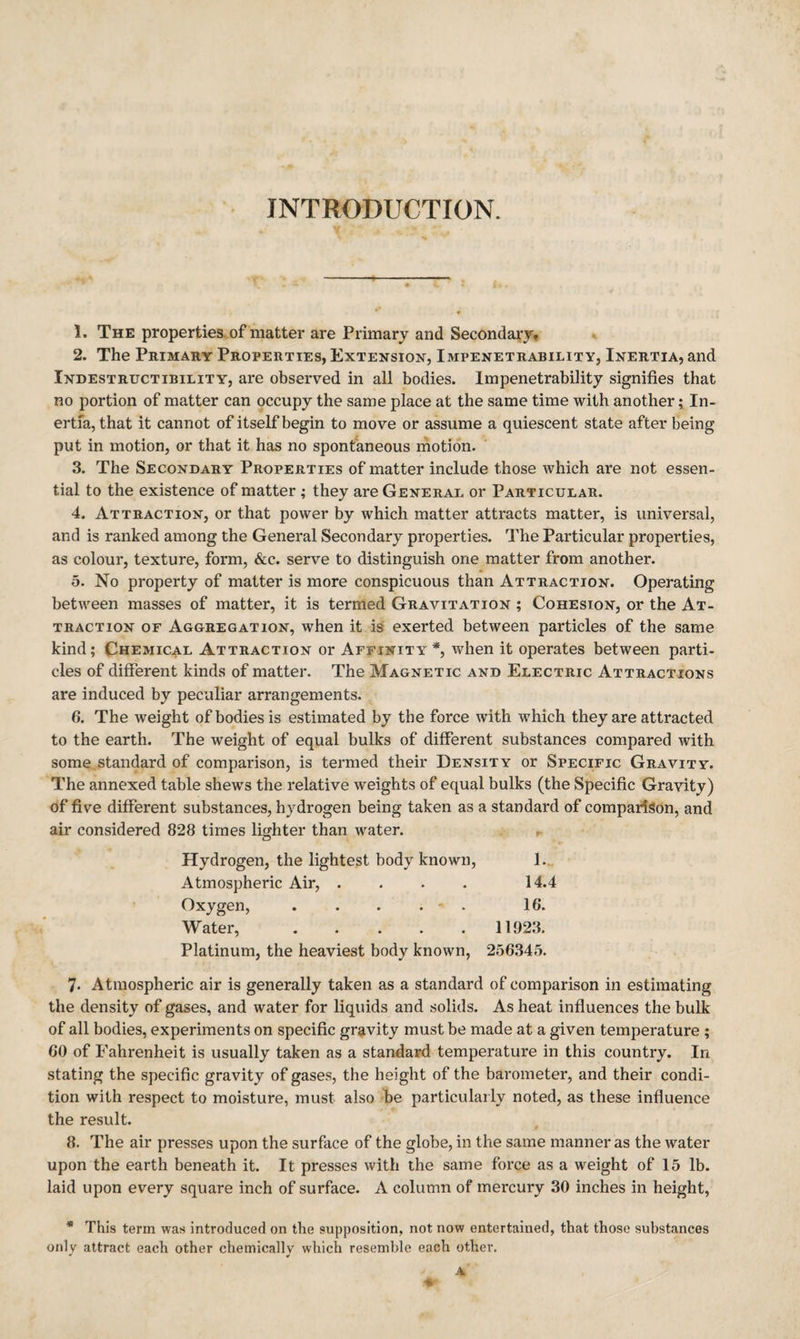 INTRODUCTION. 1. The properties, of matter are Primary and Secondary^ 2. The Primary Properties, Extension, Impenetrability, Inertia, and Indestructibility, are observed in all bodies. Impenetrability signifies that no portion of matter can occupy the same place at the same time with another; In¬ ertia, that it cannot of itself begin to move or assume a quiescent state after being put in motion, or that it has no spontaneous motion. 3. The Secondary Properties of matter include those which are not essen¬ tial to the existence of matter; they are General or Particular. 4. Attraction, or that power by which matter attracts matter, is universal, and is ranked among the General Secondary properties. The Particular properties, as colour, texture, form, &c. serve to distinguish one matter from another. 5. No property of matter is more conspicuous than Attraction. Operating between masses of matter, it is termed Gravitation ; Cohesion, or the At¬ traction OF Aggregation, when it is exerted between particles of the same kind; Chemical Attraction or Affinity*, when it operates between parti¬ cles of different kinds of matter. The Magnetic and Electric Attractions are induced by peculiar arrangements. 6. The weight of bodies is estimated by the force with which they are attracted to the earth. The weight of equal bulks of different substances compared with some standard of comparison, is termed their Density or Specific Gravity. The annexed table shews the relative weights of equal bulks (the Specific Gravity) of five different substances, hydrogen being taken as a standard of comparison, and air considered 828 times litjhter than water. Hydrogen, the lightest body known, 1. Atmospheric Air, .... 14.4 Oxygen, ..... 16. Water, ..... 11923. Platinum, the heaviest body known, 256345. 7* Atmospheric air is generally taken as a standard of comparison in estimating the density of gases, and water for liquids and solids. As heat influences the bulk of all bodies, experiments on specific gravity must be made at a given temperature ; 60 of Fahrenheit is usually taken as a standard temperature in this country. In stating the specific gravity of gases, the height of the barometer, and their condi¬ tion with respect to moisture, must also be particularly noted, as these influence the result. 8. The air presses upon the surface of the globe, in the same manner as the water upon the earth beneath it. It presses with the same force as a weight of 15 lb. laid upon every square inch of surface. A column of mercury 30 inches in height, * This term was introduced on the supposition, not now entertained, that those substances only attract each other chemically which resemble each other. * ¥