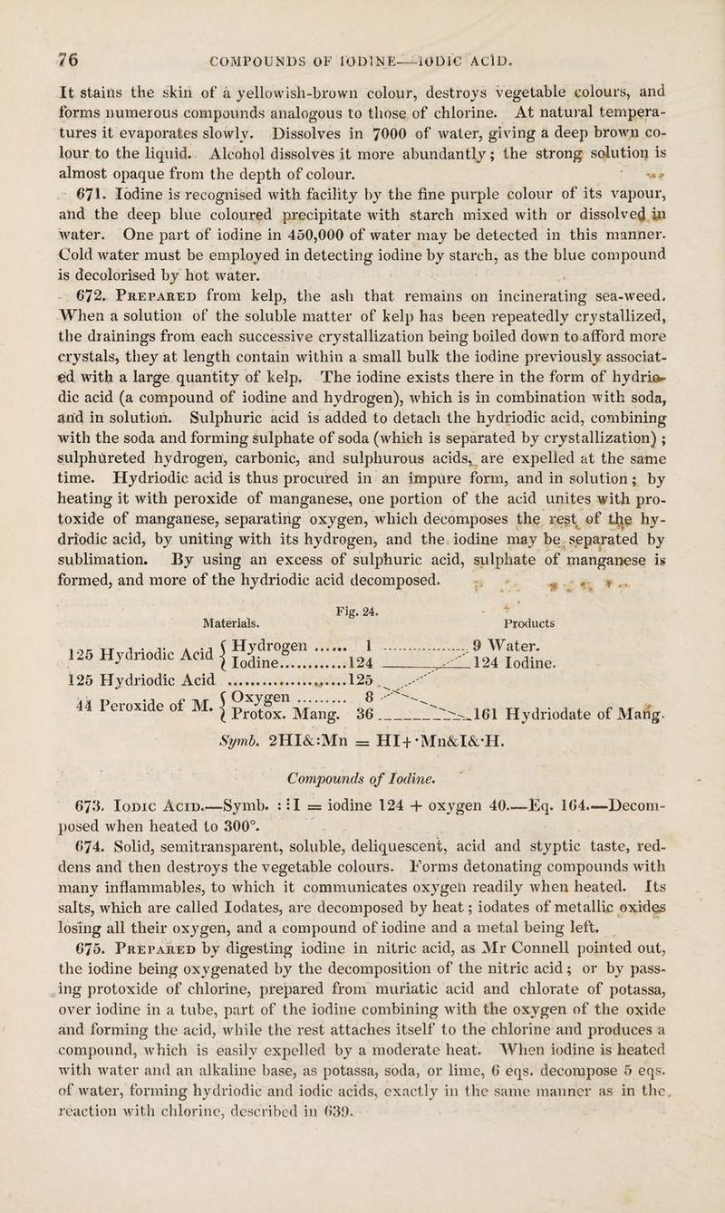 It stains the skin of a yellowish-brown colour, destroys vegetable colours, and forms numerous compounds analogous to those of chlorine. At natural tempera¬ tures it evaporates slowly. Dissolves in 7000 of water, giving a deep brown co¬ lour to the liquid. Alcohol dissolves it more abundantly; the strong solution is almost opaque from the depth of colour. 671. Iodine is recognised with facility by the fine purple colour of its vapour, and the deep blue coloured precipitate Avith starch mixed with or dissolve^ in AA^ater. One part of iodine in 450,000 of water may be detected in this manner. Cold Avater must be employed in detecting iodine by starch, as the blue compound is decolorised by hot water. - 672. Prepared from kelp, the ash that remains on incinerating sea-Aveed. When a solution of the soluble matter of kelp has been repeatedly crystallized, the drainings from each successive crystallization being boiled down to afford more crystals, they at length contain within a small bulk the iodine previously associat¬ ed with a large quantity of kelp. The iodine exists there in the form of hydrin die acid (a compound of iodine and hydrogen), Avhich is in combination with soda, and in solution. Sulphuric acid is added to detach the hydriodic acid, combining with the soda and forming sulphate of soda (which is separated by crystallization) ; sulphnreted hydrogen, carbonic, and sulphurous acids, are expelled at the same time. Hydriodic acid is thus procured in an impure form, and in solution; by heating it with peroxide of manganese, one portion of the acid unites Ayith pro¬ toxide of manganese, separating oxygen, which decomposes the rest^ of t^c hy¬ driodic acid, by uniting with its hydrogen, and the iodine may be/ separated by sublimation. By using an excess of sulphuric acid, sulphate of manganese is formed, and more of the hydriodic acid decomposed. - -. ^ ... Fig. 24. - ' Materials. Products 126 Hydriodic Acid | 125 Hydriodic Acid .. 44 Peroxide of M. \ 1 124 125, 8 36. .... 9 Water. 1_124 Iodine. -..161 Hydriodate of Mahg. Symh. 2HI&:Mn = HI-1-‘Mn&I&’H. Compounds of Iodine, 673. Iodic Acid.—Symb. : :I = iodine 124 + oxygen 40.-—Eq. 164—Decom¬ posed when heated to 300°. 674. Solid, semitransparent, soluble, deliquescent, acid and styptic taste, red¬ dens and then destroys the vegetable colours. Forms detonating compounds with many inflammables, to Avhich it communicates oxygen readily when heated. Its salts, which are called lodates, are decomposed by heat; iodates of metallic oxides losing all their oxygen, and a compound of iodine and a metal being left. 675. Prepared by digesting iodine in nitric acid, as Mr Connell pointed out, the iodine being oxygenated by the decomposition of the nitric acid; or by pass¬ ing protoxide of chlorine, prepared from muriatic acid and chlorate of potassa, over iodine in a tube, part of the iodine combining with the oxygen of the oxide and forming the acid, Avhile the rest attaches itself to the chlorine and produces a compound, Avhich is easily expelled by a moderate heat. When iodine is heated with Avater and an alkaline base, as potassa, soda, or lime, 6 eqs. decompose 5 eqs. of water, forming hydriodic and iodic acids, exactly in the same manner as in the, reaction AAdtli chlorine, described in 639.