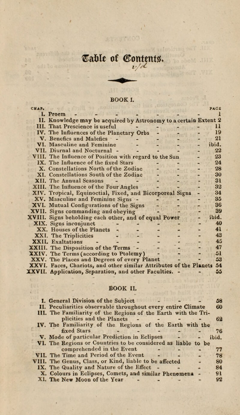 EafcU of (Stontentg* v/r£ BOOK I. CHAT. PACE I. Proem ------ 1 II. Knowledge may be acquired by Astronomy to a certain Extent 2 III. That Prescience is useful - - - - 11 IV. The Influences of the Planetary Orbs 19 V. Benefics and Malefics - - - - 21 VI. Masculine and Feminine - ibid. VII. Diurnal and Nocturnal ----- 22 VIII. The Influence of Position with regard to the Sun - 23 IX. The Influence of the fixed Stars 24 X. Constellations North of the Zodiac 28 XI. Constellations South of the Zodiac 30 XII. The Annual Seasons ----- 31 XIII. The Influence of the Four Angles 32 XIV. Tropical, Equinoctial, Fixed, and Bicorporeal Signs - 34 XV. Masculine and Feminine Signs 35 XVI. Mutual Configurations of the Signs 36 XVII. Signs commanding and obeying - - - 39 XVIII. Signs beholding each other, and of equal Power - ibid. XIX. Signs inconjunct ----- 40 XX. Houses of the Planets ----- 41 XXI. The Triplicities ----- 43 XXII. Exaltations ------ 45 XXIII. The Disposition of the Terms 47 XXIV. The Terms (according to Ptolemy ) 51 XXV. The Places and Degrees of every Planet - - 53 XXVI. Faces, Chariots, and other similar Attributes of the Planets 54 XXVII. Application, Separation, and other Faculties. - - 55 BOOK II. I. General Division of the Subject 58 II. Peculiarities observable throughout every entire Climate 60 III. The Familiarity of the Regions of the Earth with the Tri¬ plicities and the Planets 62 IV. The Familiarity of the Regions of the Earth with the fixed Stars - - 76 V. Mode of particular Prediction in Eclipses - - ibid. VI. The Regions or Countries to be considered as liable to be comprehended in the Event 77 VII. The Time and Period of the Event 78 VIII. The Genus, Class, or Kind, liable to be affected - 80 IX. The Quality and Nature of the Effect 84 X. Colours in Eclipses, Comets, and similar Phenomena - 91 XI. The New Moon of the Year - - 92