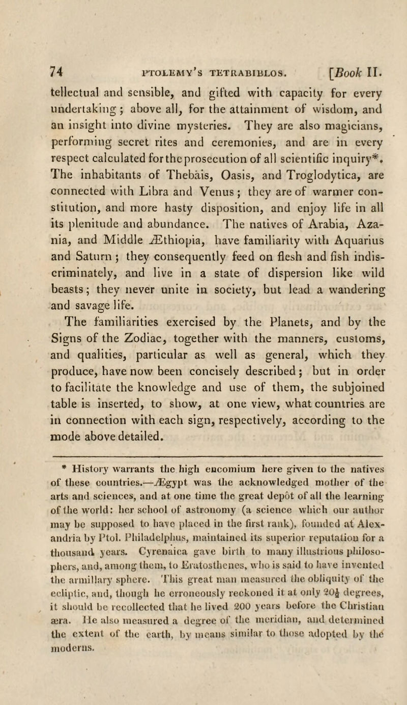 teilectual and sensible, and gifted with capacity for every undertaking; above all, for the attainment of wisdom, and an insight into divine mysteries. They are also magicians, performing secret rites and ceremonies, and are in every respect calculated forthc prosecution of all scientific inquiry*. The inhabitants of Thebais, Oasis, and Troglodytica, are connected with Libra and Venus; they are of warmer con¬ stitution, and more hasty disposition, and enjoy life in all its plenitude and abundance. The natives of Arabia, Aza- nia, and Middle ./Ethiopia, have familiarity with Aquarius and Saturn ; they consequently feed on flesh and fish indis¬ criminately, and live in a state of dispersion like wild beasts; they never unite in society, but lead a wandering and savage life. The familiarities exercised by the Planets, and by the Signs of the Zodiac, together with the manners, customs, and qualities, particular as well as general, which they produce, have now been concisely described ; but in order to facilitate the knowledge and use of them, the subjoined table is inserted, to show, at one view, what countries are in connection with each sign, respectively, according to the mode above detailed. * History warrants the high encomium here given to the natives of these countries.—_<Egypt was the acknowledged mother of the arts and sciences, and at one time the great depot of all the learning of (lie world: her school of astronomy (a science which our author may be supposed to have placed in the first rank), founded at Alex¬ andria by 1’tol. Philadelphus, maintained its superior reputation for a thousand years. Cyrenaica gave birth to many illustrious philoso¬ phers, and, among them, to Eratosthenes, who is said to have invented the armillary sphere. This great man measured the obliquity of the ecliptic, and, though lie erroneously reckoned it at only 20£ degrees, it should be recollected that he lived 200 years before the Christian ajra. He also measured a degree of the meridian, and determined the extent of the earth, by means similar to those adopted by tire moderns.