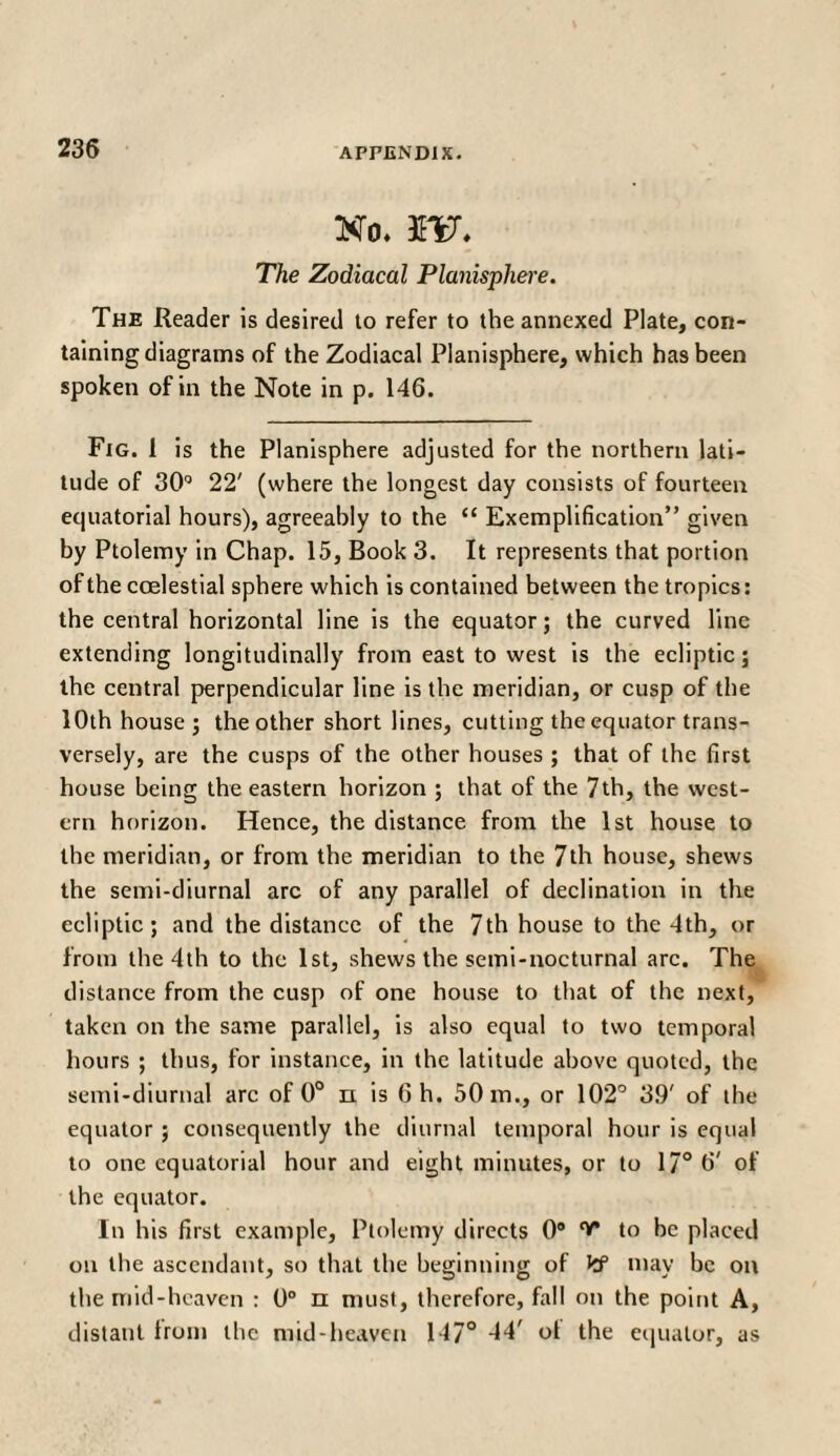 No. 3ΕΈΓ. The Zodiacal Planisphere. The Reader is desired to refer to the annexed Plate, con¬ taining diagrams of the Zodiacal Planisphere, which has been spoken of in the Note in p. 146. Fig. 1 is the Planisphere adjusted for the northern lati¬ tude of 30° 22' (where the longest day consists of fourteen equatorial hours), agreeably to the “ Exemplification” given by Ptolemy in Chap. 15, Book 3. It represents that portion of the coelestial sphere which is contained between the tropics: the central horizontal line is the equator; the curved line extending longitudinally from east to west is the ecliptic; the central perpendicular line is the meridian, or cusp of the 10th house ; the other short lines, cutting the equator trans¬ versely, are the cusps of the other houses ; that of the first house being the eastern horizon ; that of the 7th, the west¬ ern horizon. Hence, the distance from the 1st house to the meridian, or from the meridian to the 7th house, shews the semi-diurnal arc of any parallel of declination in the ecliptic; and the distance of the 7th house to the 4th, or from the 4th to the 1st, shews the semi-nocturnal arc. The distance from the cusp of one house to that of the next, taken on the same parallel, is also equal to two temporal hours ; thus, for instance, in the latitude above quoted, the semi-diurnal arc of 0° π is 6 h. 50 m., or 102° 39' of the equator; consequently the diurnal temporal hour is equal to one equatorial hour and eight minutes, or to 17° 6' of the equator. In his first example, Ptolemy directs 0® V to be placed on the ascendant, so that the beginning of Jtf may be on the mid-heaven : 0° π must, therefore, fall on the point A, distant Irom the mid-heaven 147° 44' ol the equator, as