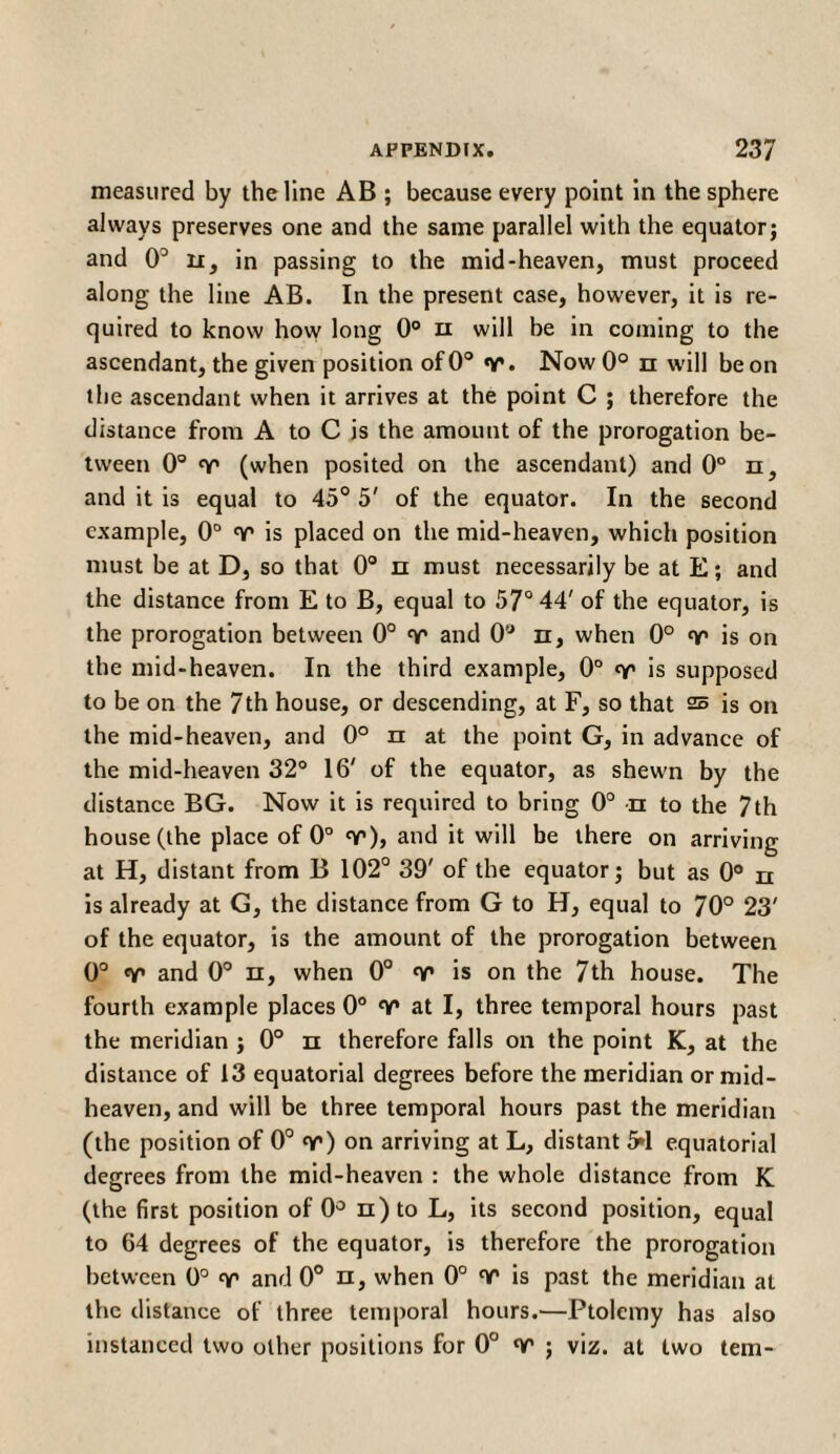 measured by the line AB ; because every point in the sphere always preserves one and the same parallel with the equator; and 0° u, in passing to the mid-heaven, must proceed along the line AB. In the present case, however, it is re¬ quired to know how long 0° n will be in coming to the ascendant, the given position of 0° nr. Now 0° π will be on the ascendant when it arrives at the point C ; therefore the distance from A to C is the amount of the prorogation be¬ tween 0° nr (when posited on the ascendant) and 0° n, and it is equal to 45° 5' of the equator. In the second example, 0° nr is placed on the mid-heaven, which position must be at D, so that 0° π must necessarily be at E; and the distance from E to B, equal to 57° 44' of the equator, is the prorogation between 0° nr and 0° n, when 0° v is on the mid-heaven. In the third example, 0° nr is supposed to be on the 7th house, or descending, at F, so that ξξ is on the mid-heaven, and 0° π at the point G, in advance of the mid-heaven 32° 16' of the equator, as shewn by the distance BG. Now it is required to bring 0° π to the 7th house (the place of 0° nr), and it will be there on arriving at H, distant from B 102° 39' of the equator; but as 0° π is already at G, the distance from G to H, equal to 70° 23' of the equator, is the amount of the prorogation between 0° v and 0° n, when 0° nr is on the 7th house. The fourth example places 0° nr at I, three temporal hours past the meridian ; 0° π therefore falls on the point K, at the distance of 13 equatorial degrees before the meridian or mid¬ heaven, and will be three temporal hours past the meridian (the position of 0° nr) on arriving at L, distant 5*1 equatorial degrees from the mid-heaven : the whole distance from K (the first position of 0° n)to L, its second position, equal to 64 degrees of the equator, is therefore the prorogation between 0° and 0° n, when 0° nr is past the meridian at the distance of three temporal hours.—Ptolemy has also instanced two other positions for 0° nr ; viz. at two tern-