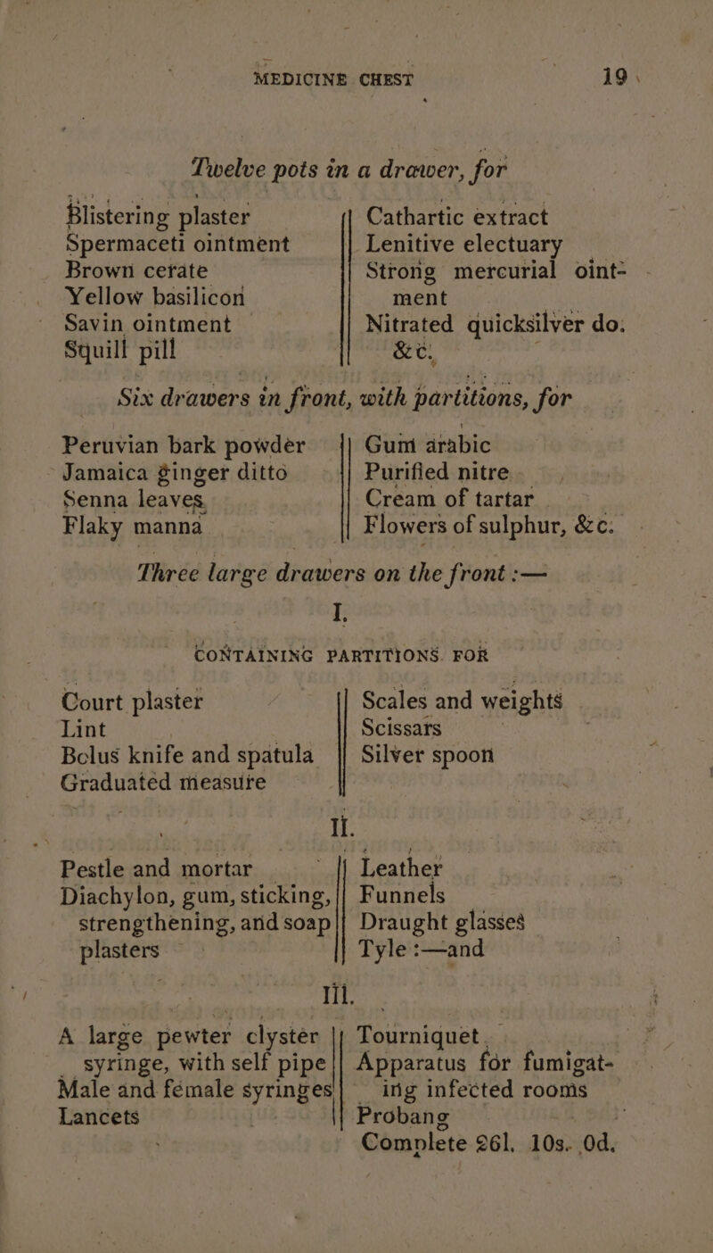 Twelve pots in a drawer, for Blistering plaster Cathartic extract Spermaceti ointment Lenitive electuary Brown cerate Strong mercurial oint- Yellow basilicon ment ee ~ Savin ointment Nitrated quicksilver do. Squill pill &amp;E. | Six drawers in front, with partitions, for Peruvian bark powder Gumi arabic Jamaica ginger ditto Purified nitre — Senna leaves. Cream of tartar : Flaky manna Flowers of sulphur, &amp;c. Three large drawers on the front :— I, CONTAINING PARTITIONS. FOR Court plaster Scales and weights Lint ff. Scissars Bolus knife and spatula || Silver spoon Graduated measure real, IL. Pestle and mortar _——|], Leather Diachylon, gum, sticking, || Funnels strengthening, and soap|} Draught glasses plasters Tyle :—and Shit Wie en a A large pewter clyster || Tourniquet. __ | __ syringe, with self pipe || Apparatus for fumigat- Male and female syringes| ing infected rooms Lancets | Probang ° Complete 261. 10s. 0d.