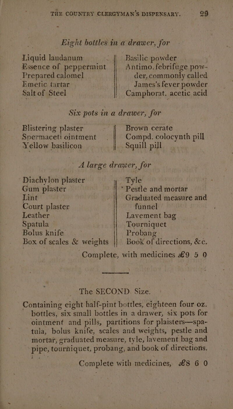 - THE COUNTRY CLERGYMAN’S DISPENSARY. 99 Eight bottles in a drawer, for Liquid laudanum =—-_ ||__ Basilic powder Essence of peppermint Antimo. febrifuge pow- Prepared calomel der, commonly called Emetic tartar _ James’s fever powder Salt of Steel Camphorat. acetic acid Six pots in a drawer, for Blistering plaster - || Brown cerate Spermaceti ointment. Compd. colocynth pill Yellow basilicon Squill pul A large drawer, for Diachylon plaster _ Tyle Gum plaster | - Pestle and mortar Lint : Graduated measure and Court plaster - funnel | Leather Lavement bag Spatula © Tourniquet Bolus knife Probang Box of scales &amp; weights Book of directions, &amp;c. Complete, with medicines £9 5 0 \ The SECOND, Size. Containing eight half-pint bottles, eighteen four oz. bottles, six small bottles in a arate six pots for ointment and pills, partitions for plaisters—spa- tula, bolus knife, scales and weights, pestle and mortar, graduated measure, tyle, lavement bag and ‘pipe, tourniquet, probang, and book of directions, 3 Py